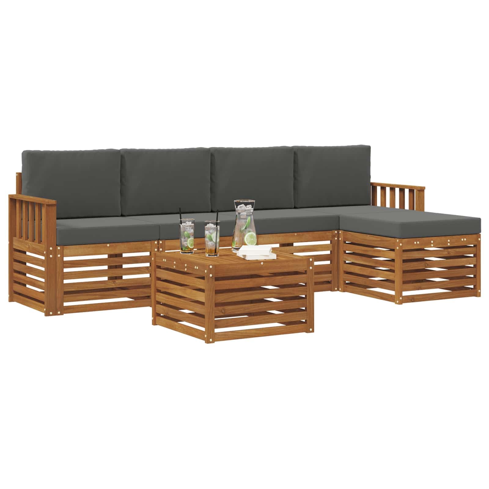 Zestaw wypoczynkowy z poduszkami, 6 sztuk, wykonany z litego drewna akacjowego, odporny na warunki atmosferyczne, do ogrodu, na taras, balkon, nowoczesny design, trwały i łatwy w pielęgnacji
