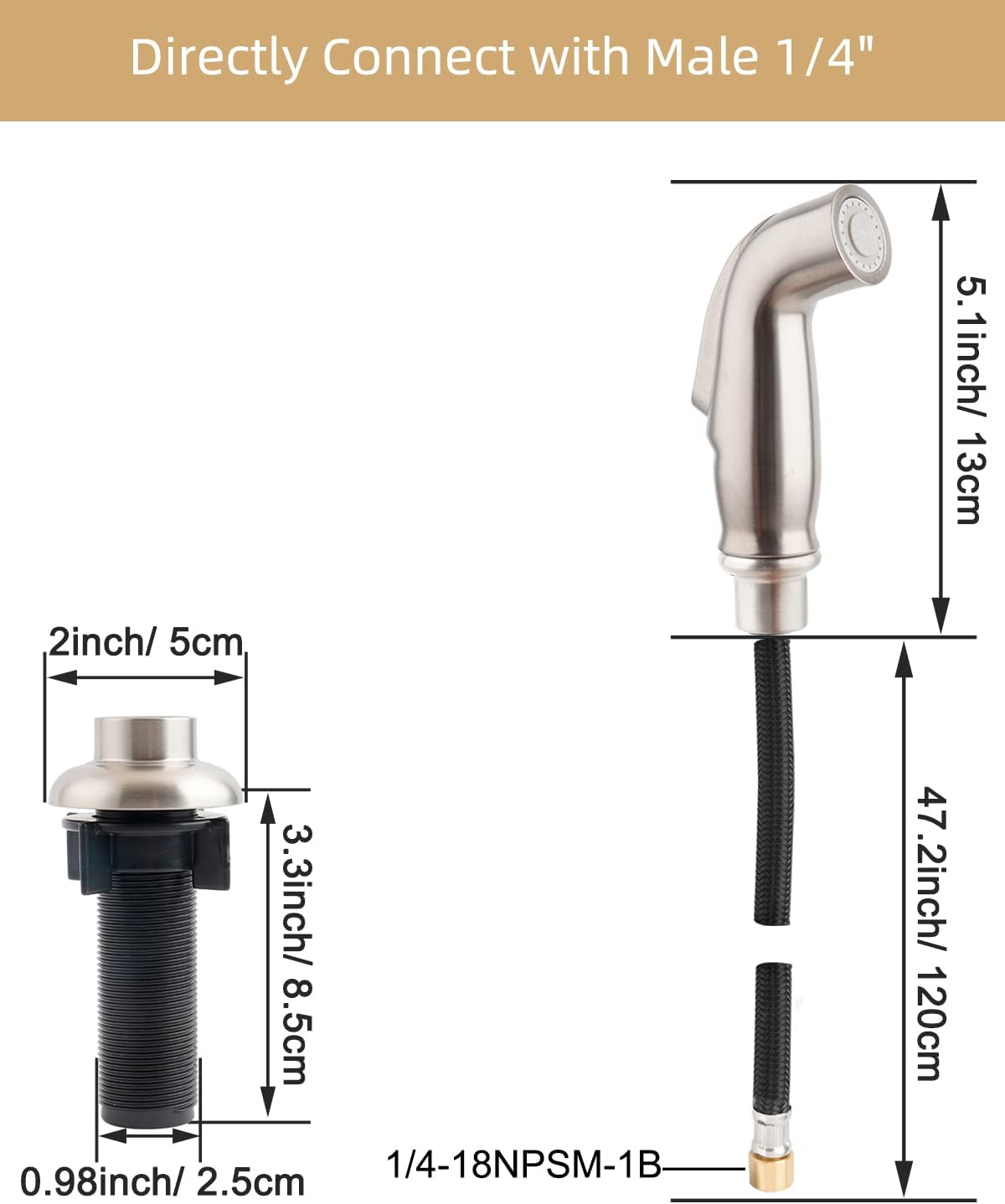 Universal Fit Sink Spray Attachment with Hose Set, Kitchen Side Sprayer Head with Adapters Compatible with Moen/Delta Faucet Sprayer Replacement, Braided Hose, Brushed Nickel