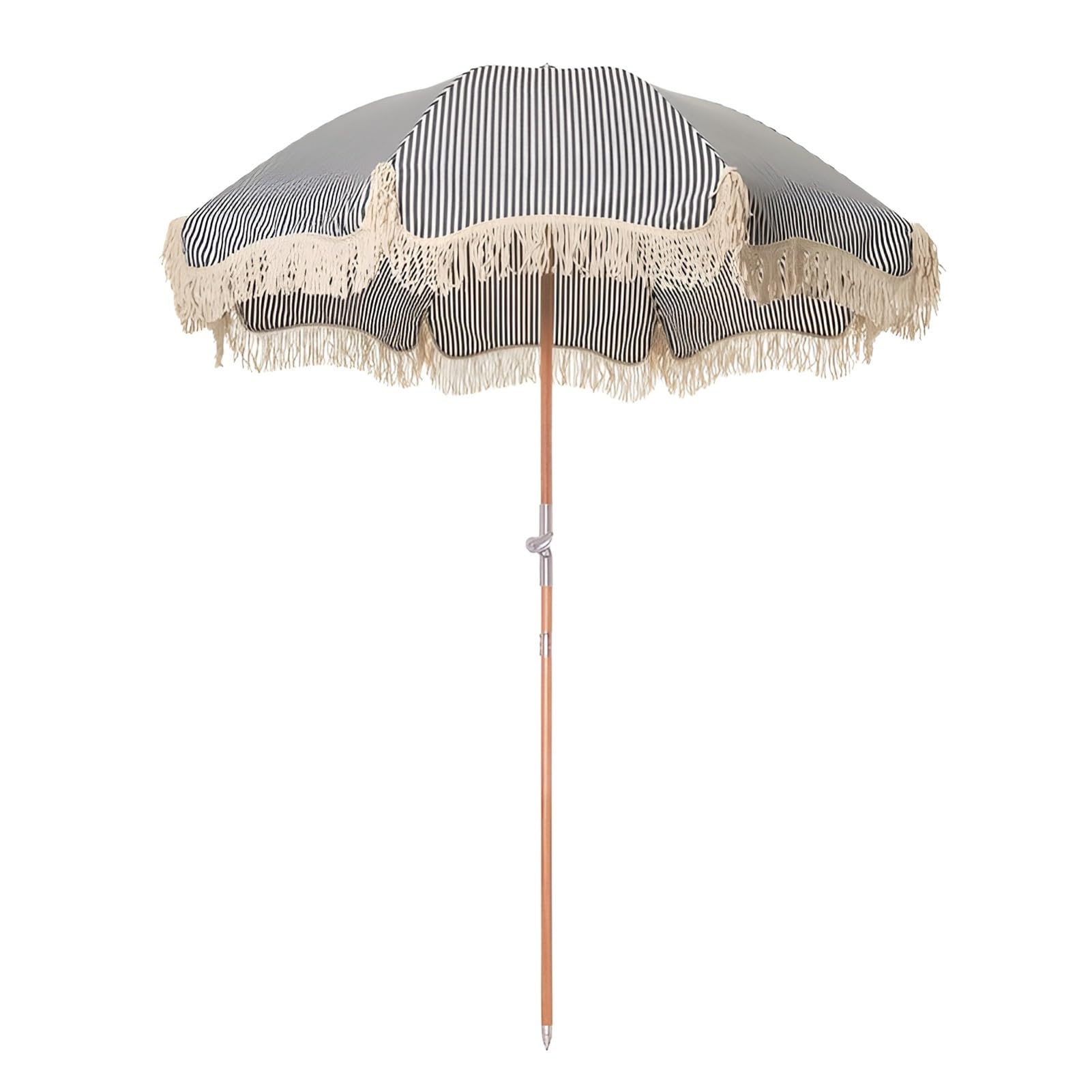 Parasol Ogrodowy z Frędzlami 180 cm Przenośny Parasol Plażowy w Paski, Drewniany Maszt i Regulacja Nachylenia 8 Podpórkami, Bez Podstawy