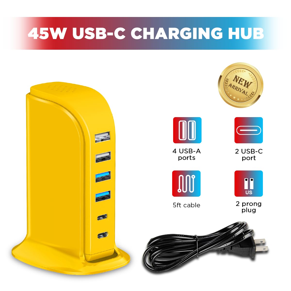 45W USB Charging Station, 6-Port Hub with 4 USB-A & 2 USB-C Ports, 5ft Cable, Yellow