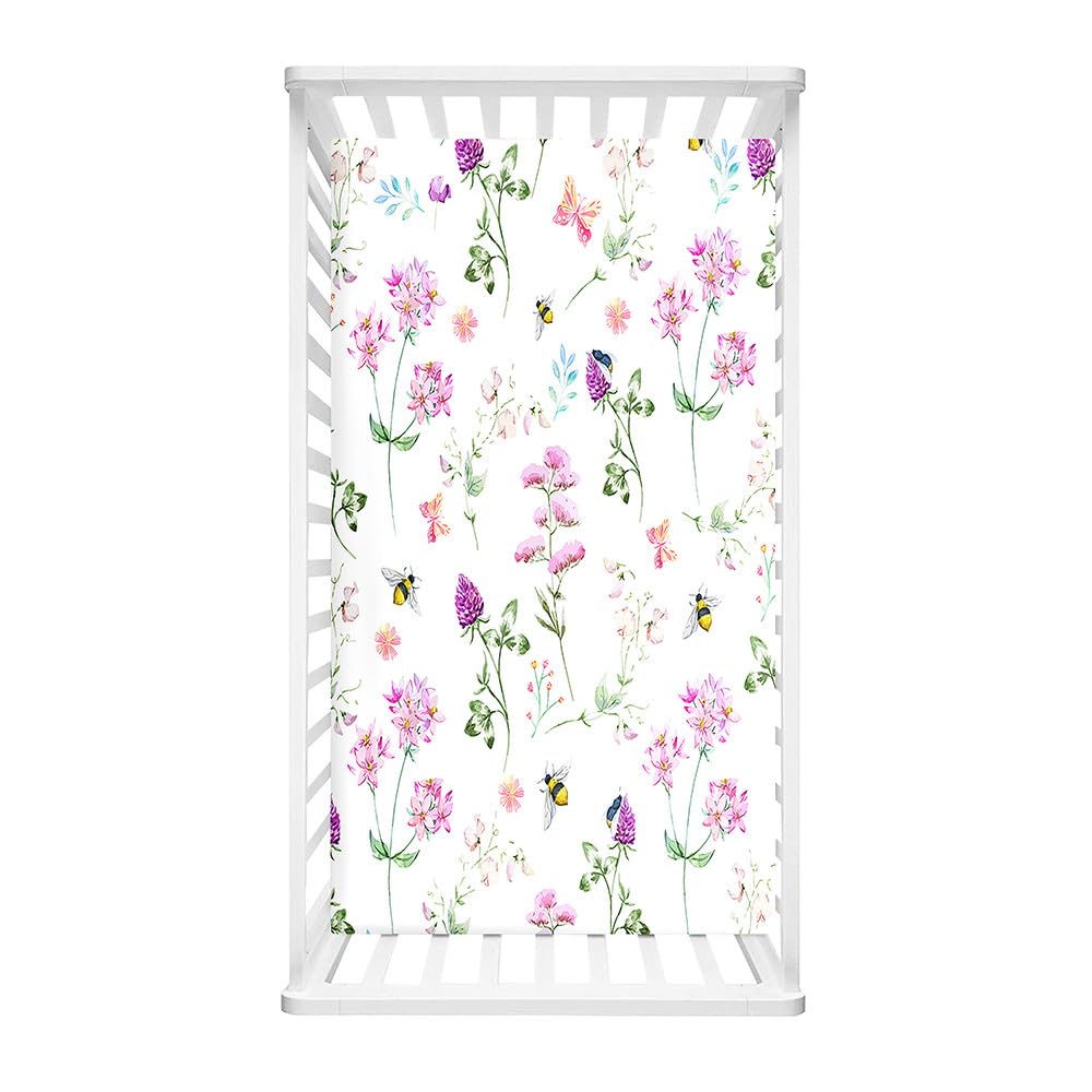 Morbuy Cot Bed Sheets, Bedside Cribs Fitted Sheets Newborn Pram Sheets Fitted, Crushed Flower Print Microfiber Cot Bed Mattress Protector, Bassinet Sheets, Easy Care (140x70cm,Purple)