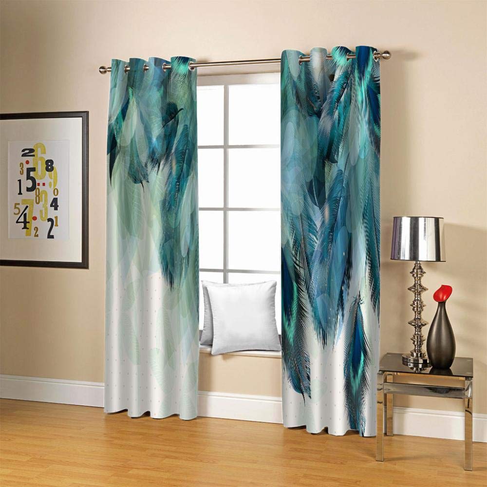 Rideaux Occultants pour Enfants 2x 140x250 Cm Plume De Paon Bleu Imprimés Polyester - Oeillets Isolant Thermique Anti Froid pour Séjour Moderne - Décoration De Fenêtre