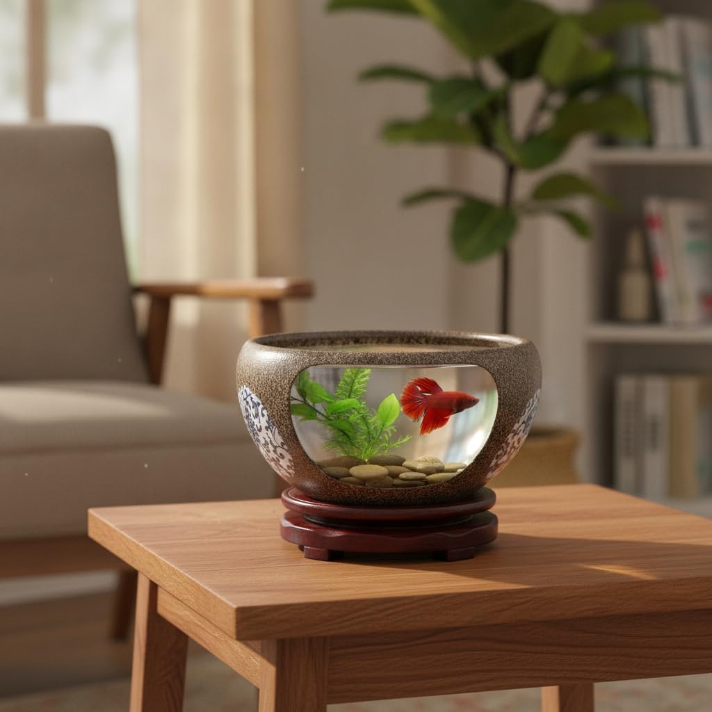 Acquario in Ceramica Finitura Retrò, Piccolo (diametro 24cm | Vasca per pesci, design con motivo, per acquario da tavolo, centrotavola decorativo, per arredamento, per hobby acquariofilo