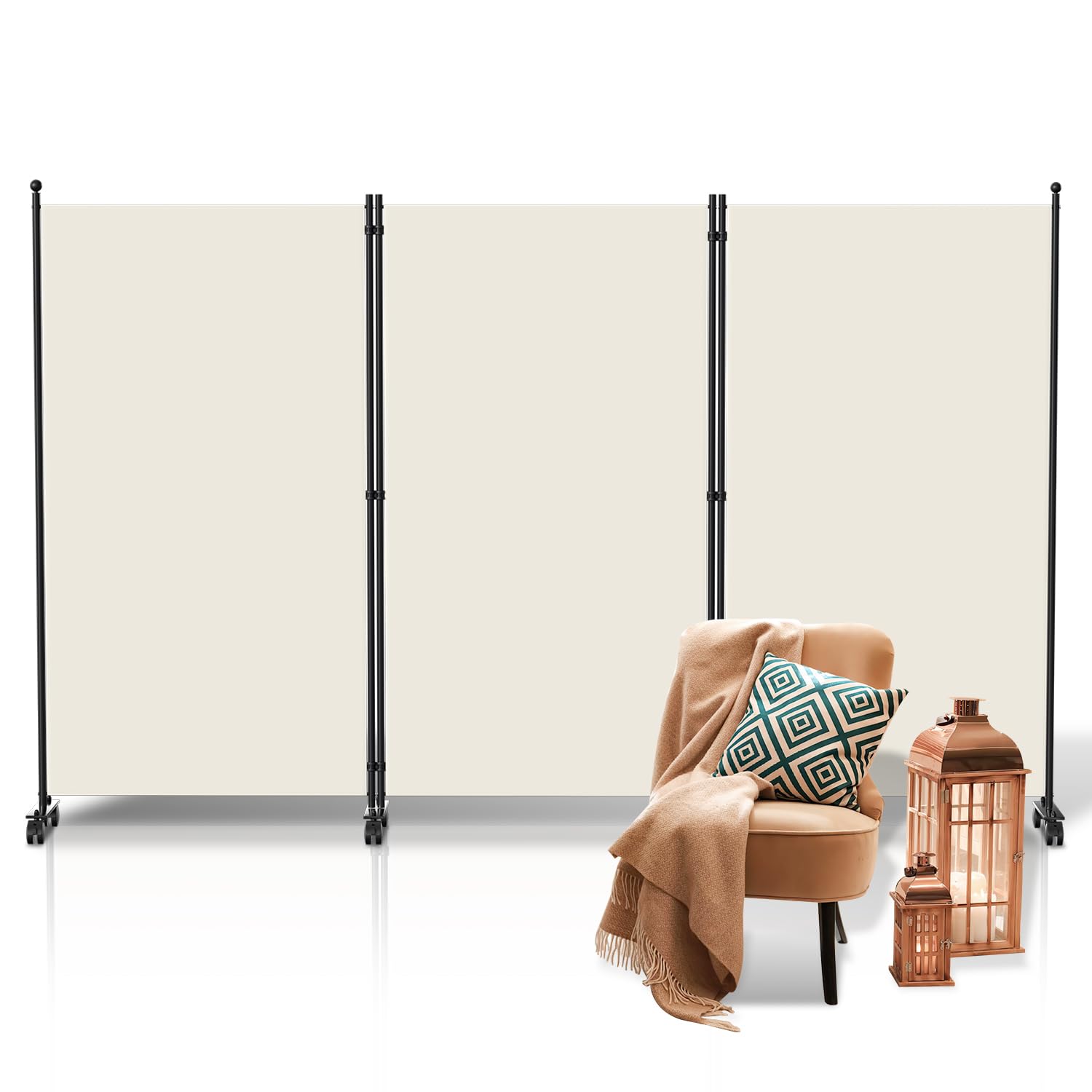 Ikodm Paravent pour extérieur avec roulettes, 3 pièces, 263 x 181 cm, résistant aux intempéries, pour extérieur et bureau, couleur beige
