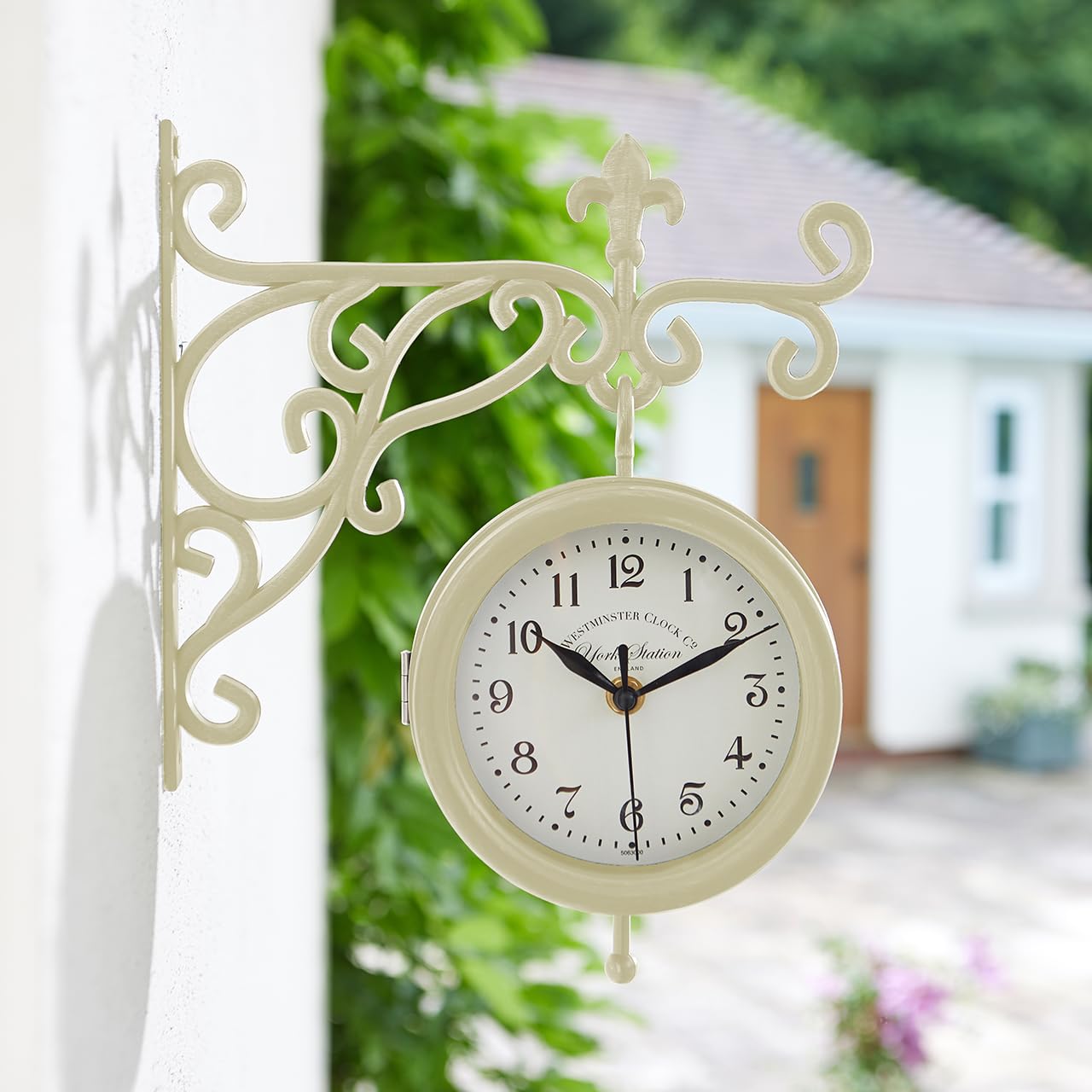 Mysmartbuy.com Cream York Station Wall Mounted Quartz Clock & Thermometer – Battery Powered Weatherproof Double-Sided Indoor Outdoor Home Garden Decoration – H30 X W25 X D8.5cm