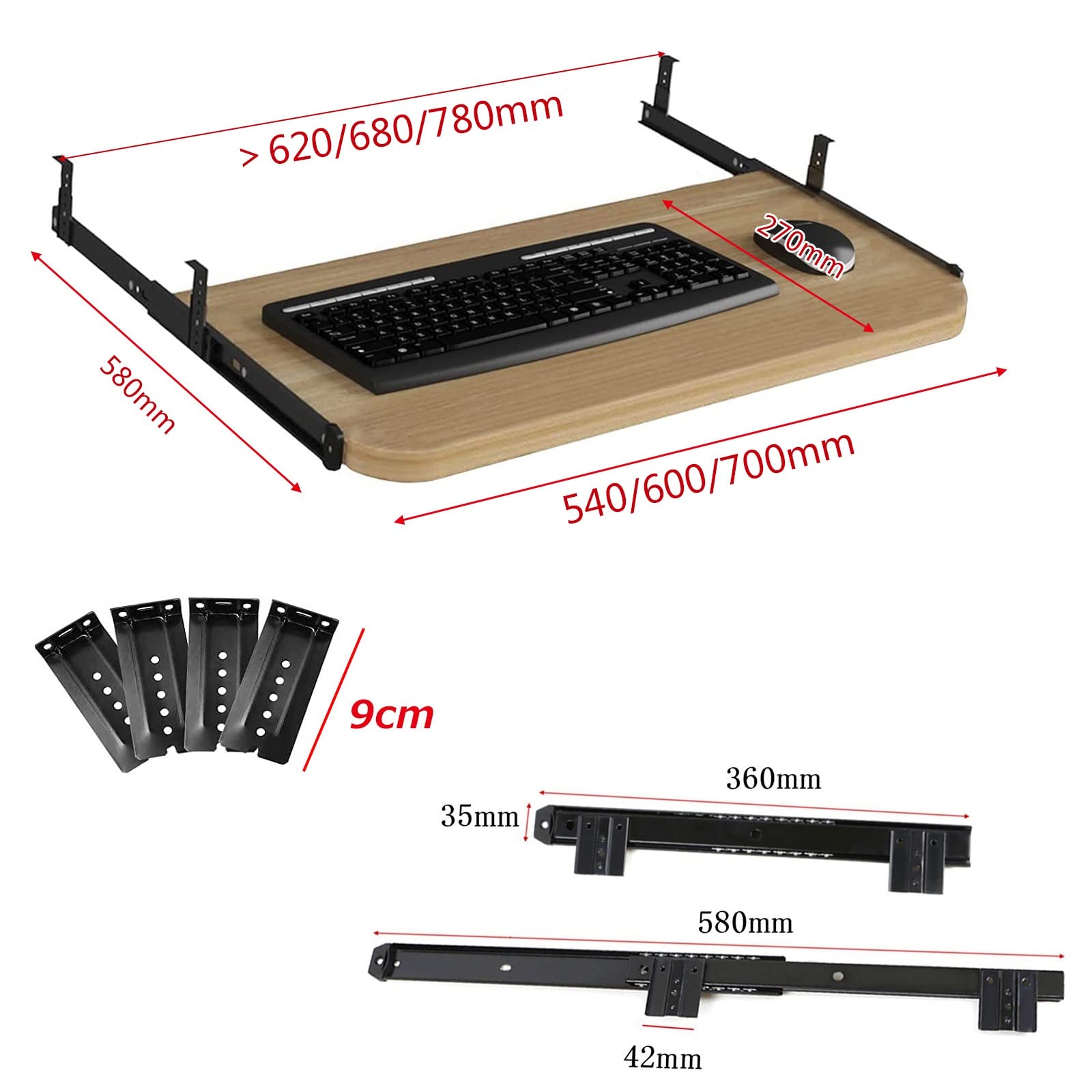 Vassoio per tastiera da 540/600/700 x 270 mm, in legno, estraibile, supporta fino a 24 kg di spazio aggiuntivo per scrivanie, ideale per uso domestico e ufficio