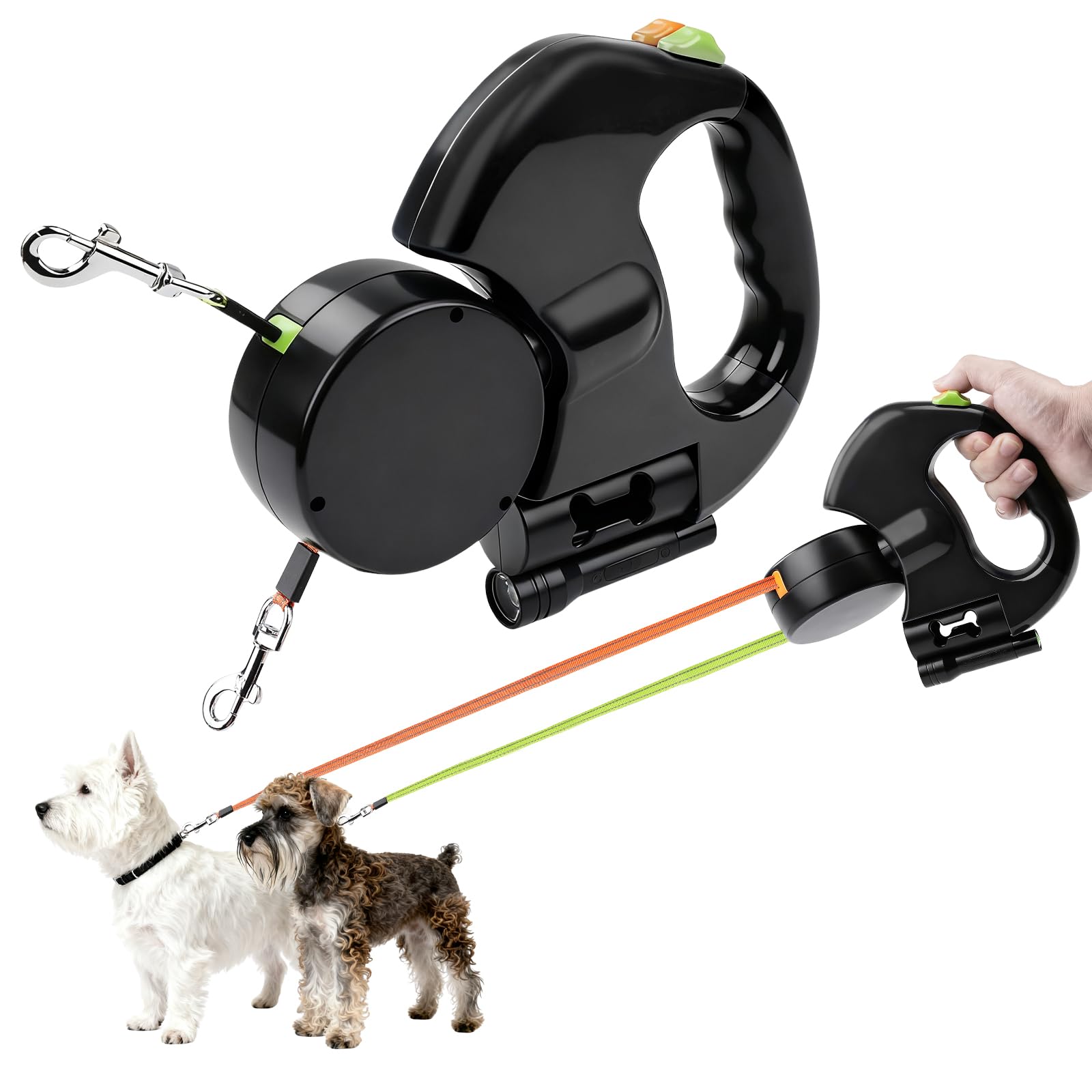 Correa Retráctil Doble para Perros, Correa para Mascotas Correa Automática 1 Remolque 2 Correa Retráctil para Perros con Linterna y Dispensador de Bolsas