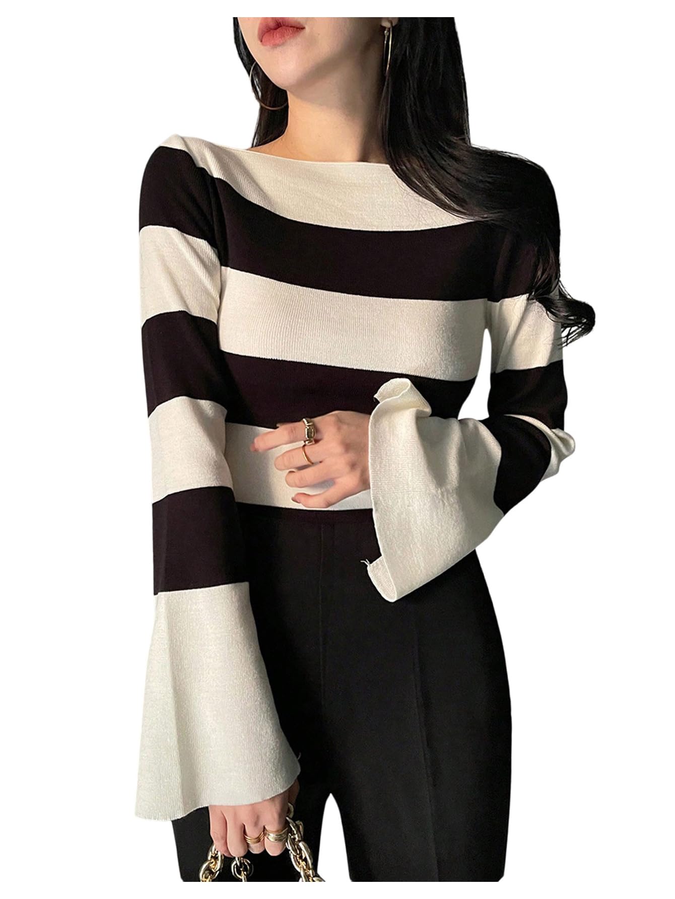 GORGLITTER Womens Striped Cozy Sweaters Trendy Bell Long Sleeve Business Casual Jumper Tops Fall Outfits