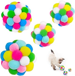 MAIYU Cat Toy Balls (4 PCS) - Colorful Cat Ball Toy Built-in Bell Interactive Cat Ball Toy Soft Pompom Balls for Indoor Cats Kitten