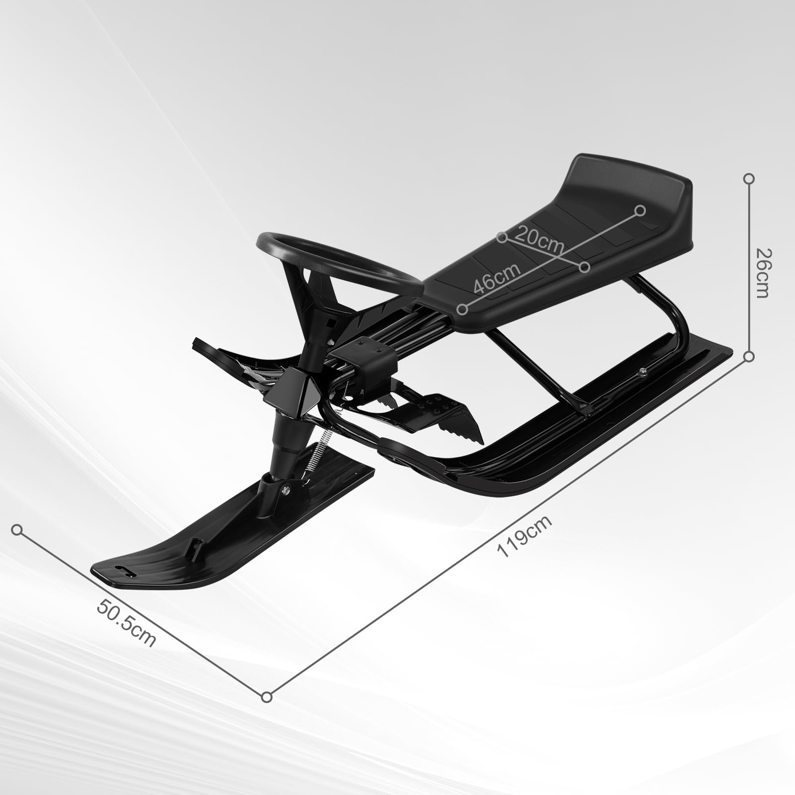 Laneetal Trineo de Dirección con Volante, Esquí Infantil con Asiento y Cuerda de Remolque, Estructura de Metal, Trineos para Niños y Jóvenes, Trineo de Patín con Resorte de Suspensión, Freno de Pie