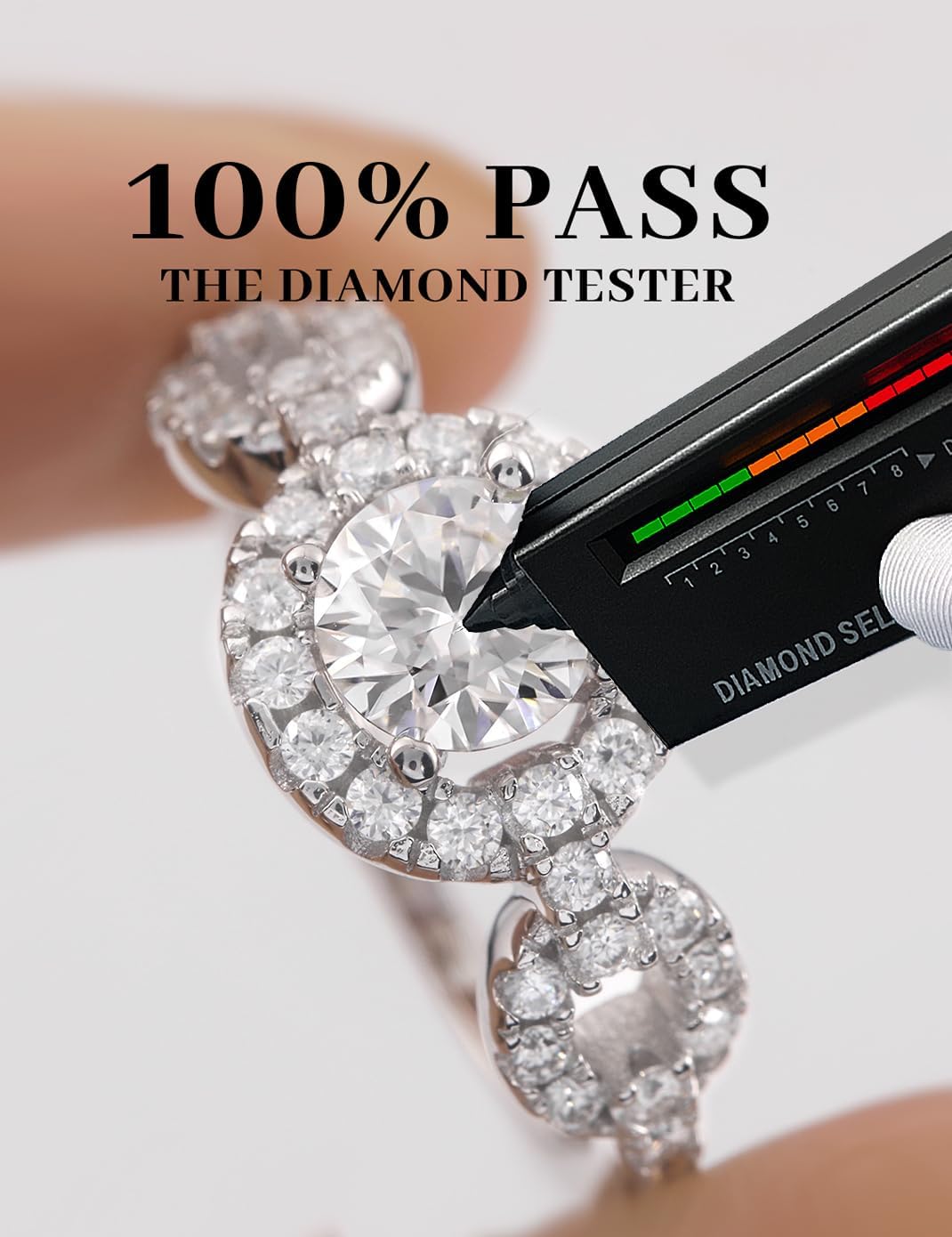 RINEY&KY Moissanite Rings for Women D VVS1 1.34Carats Certified Engagement Ring 18K White Gold Plated Silver S925 Halo Set Round Brilliant Cut Promise Rings for Her Size 5-10US
