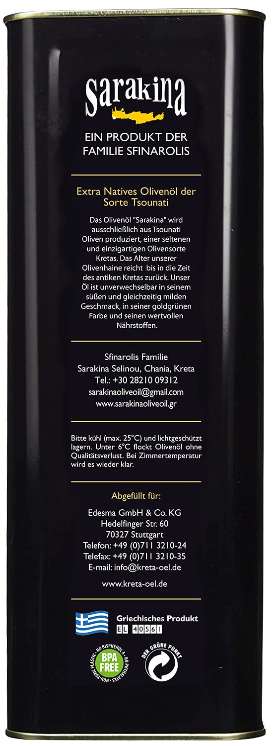 Sarakina Extra Natives Olivenöl (g.g.A), 5000 ml | Extra natives Olivenöl mit geschützter geografischer Angabe (g.g.A) aus Kreta - praktisches 5 Liter Großgebinde