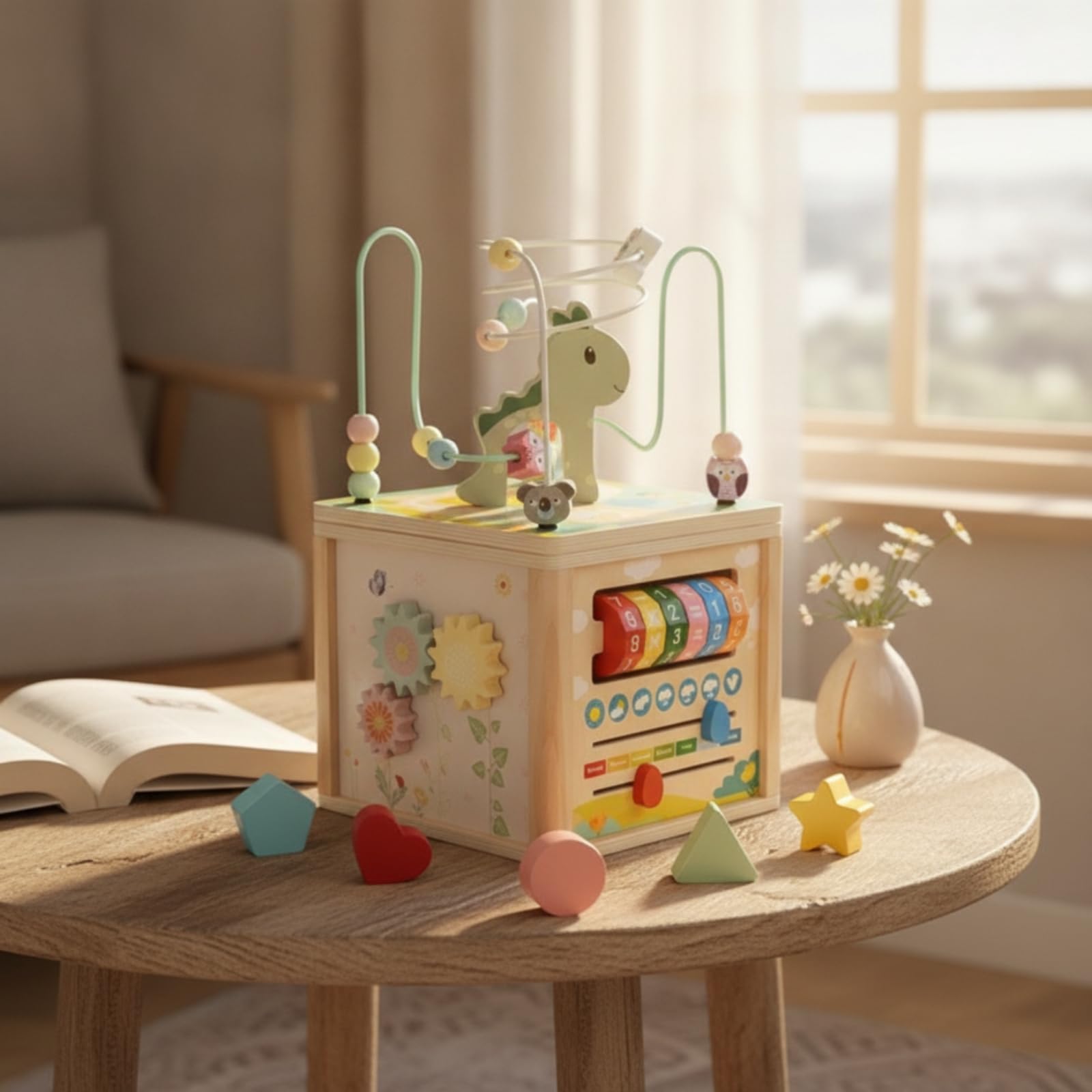 harayaa Kinder Perlenlabyrinth Holz Aktivitätswürfel Motorikspielzeug Lernwürfel Kugelbahn Formensorter Zahlenscheiben Zahnräder Fördert Zählen Und Formen mit