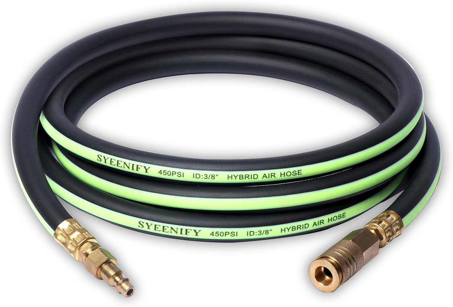 SYEENIFY Air Hose 3/8 in x 10 ft, Thickened 5 Layers Heavy Duty, Kink Resistant, 450PSI Hybrid Air Compressor Hose All-Weather Flexibility with 1/4" Industrial High Flow Quick Brass Coupler and Plug 10FT