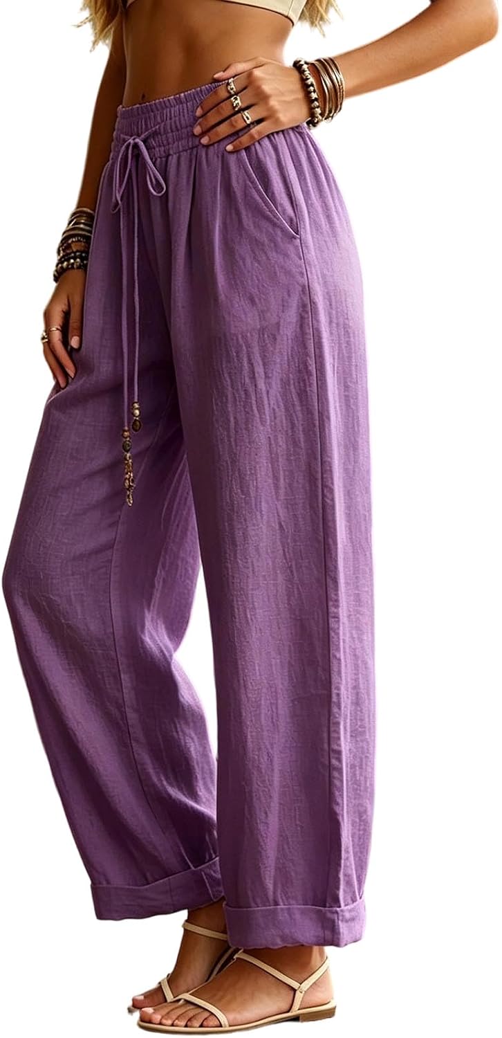 Women Cotton Linen Wide Leg Pant Summer Drawstring Casual Beach Vacation Boho Baggy Flowy Pant with Pockets