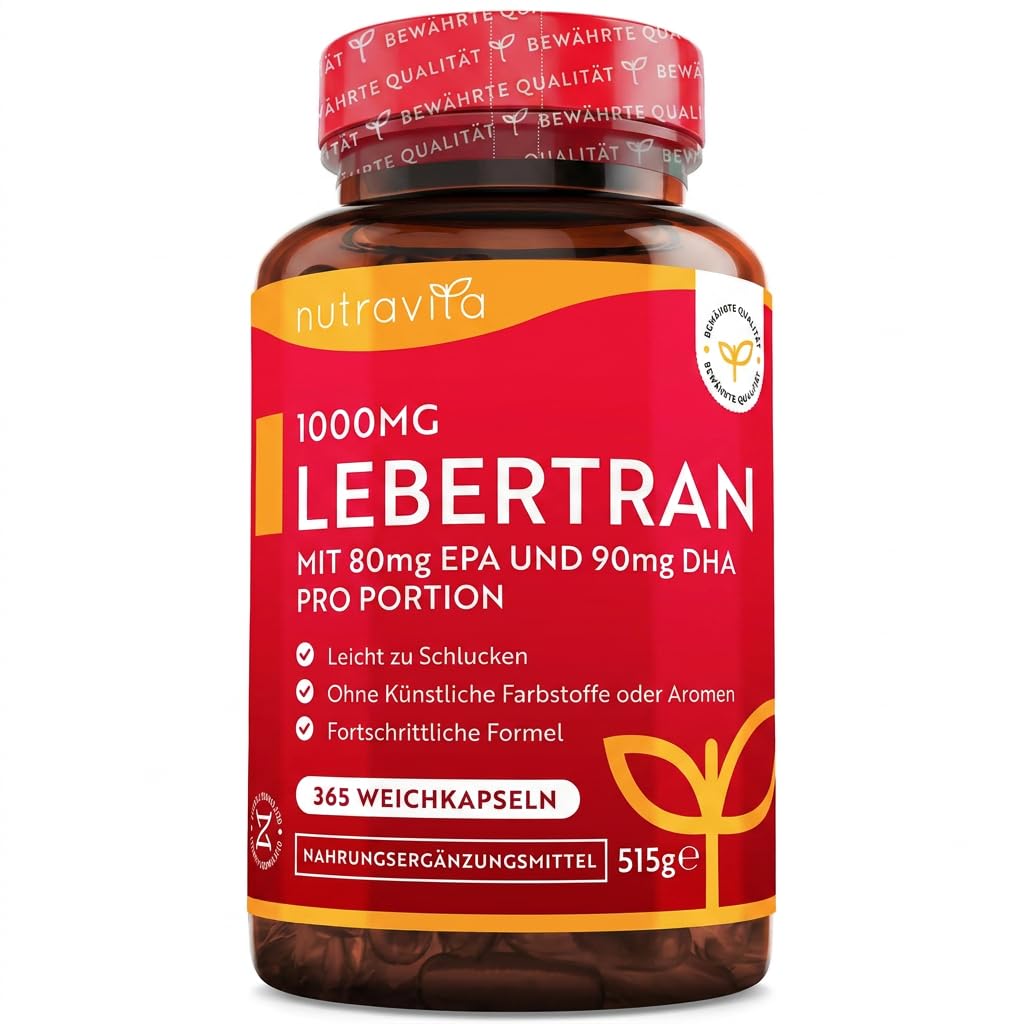Lebertran Kapseln 1000mg - 365 Fischöl Kapseln - Hochwertiges Fish Oil - Hochdosiert Cod Liver Oil + Omega 3, Vitaminen A, D & E - Unterstützt die Herz- und Gehirngesundheit - Nutravita