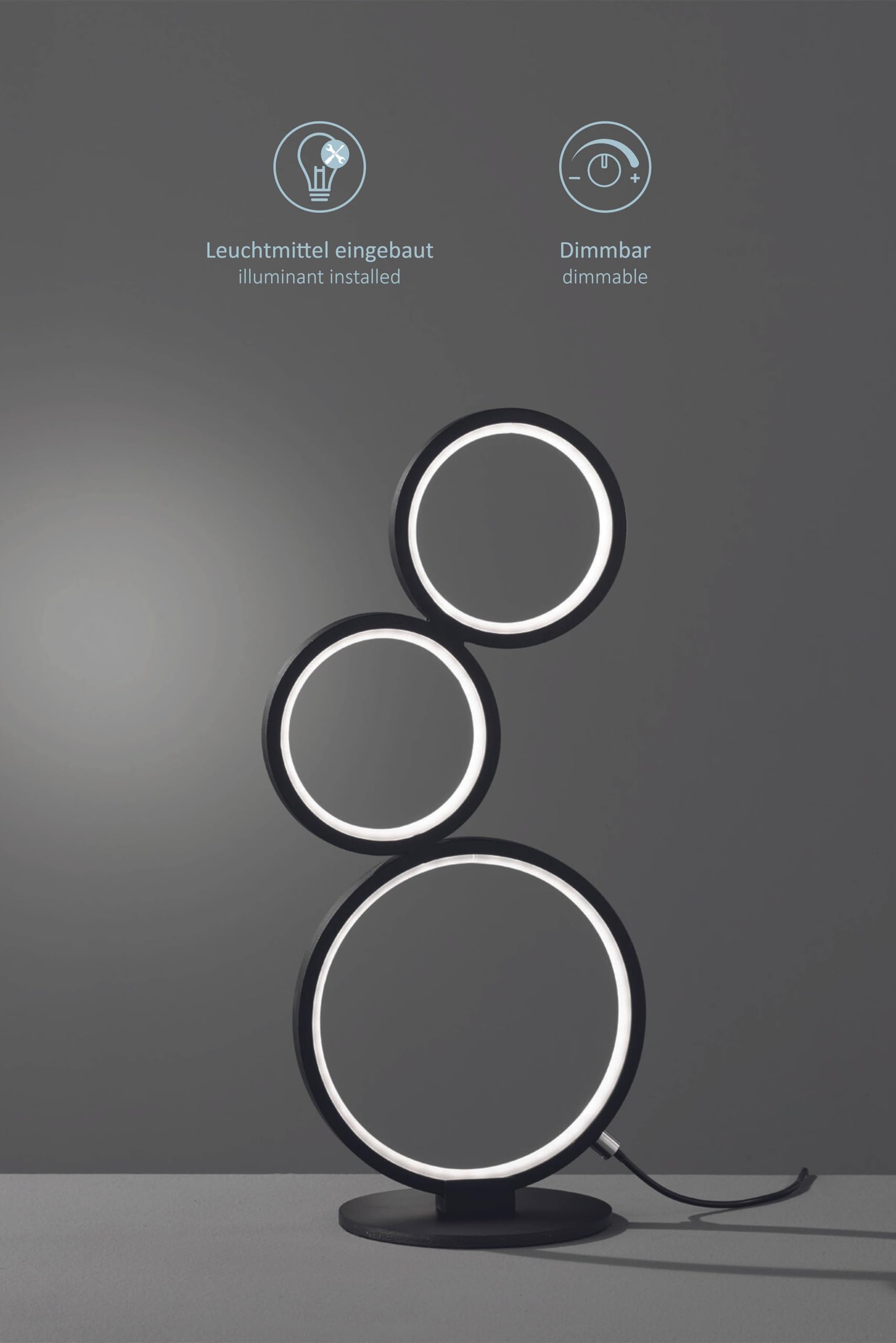 LED Tischleuchte Sina schwarz matt Metall, stufenlos dimmbar über Schnurschalter, 17W, Höhe 45 cm, Breite: 20.7 cm, Tiefe: 15 cm