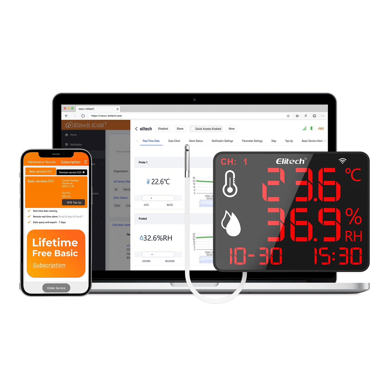 Elitech Digital Hygrometer Thermometer with 2m External Probe, Wireless Data Logger with APP, 30000 Points Large Screen for Warehouse Greenhouse Lab, DR-230-THE WIFI Version