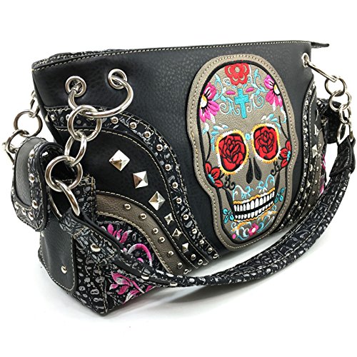 Justin West Fashion Mulitcolor Embroidered Floral Sugar Skull Women Purse Shoulder Handbag Flat Wallet3