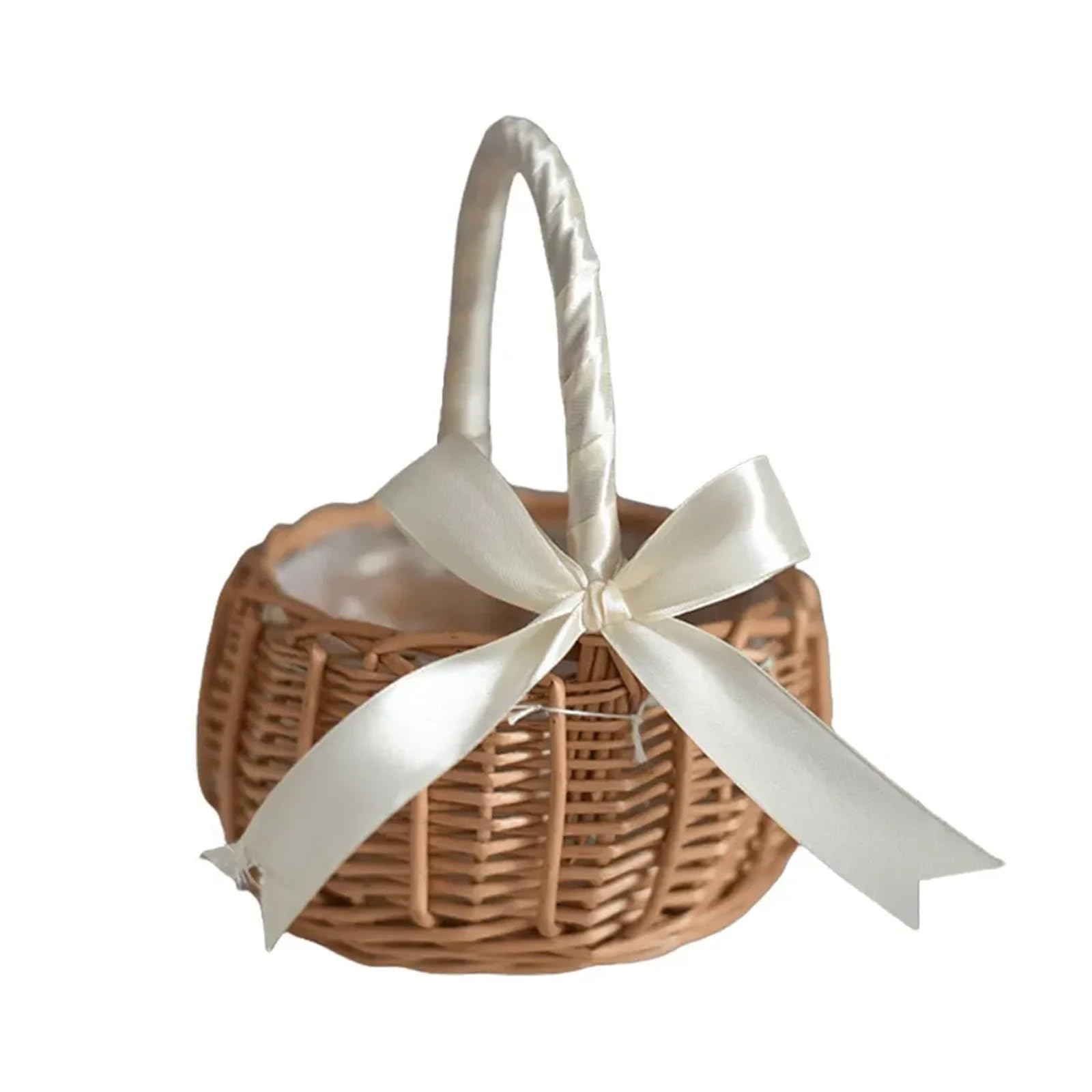 Wicker Rattan Flower Basket With Handle Candy Storage Woven For Wedding Party Decor Spring Outing(White)