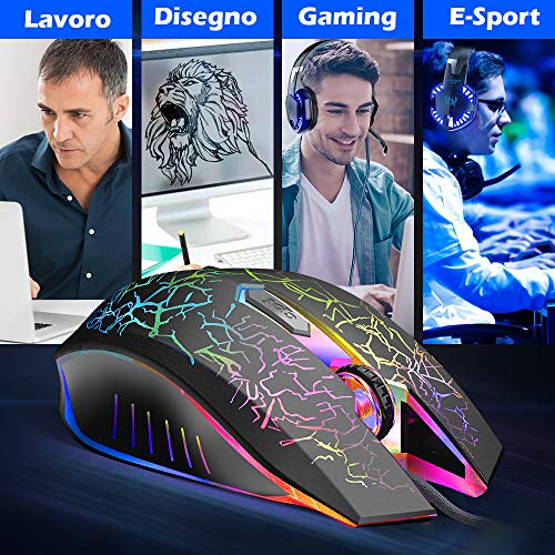 VersionTECH. Mouse da Gaming con Cavo, sensore Ottico Fino a 2400 DPI, 6 Tasti e Illuminazione a LED con 7 Colori