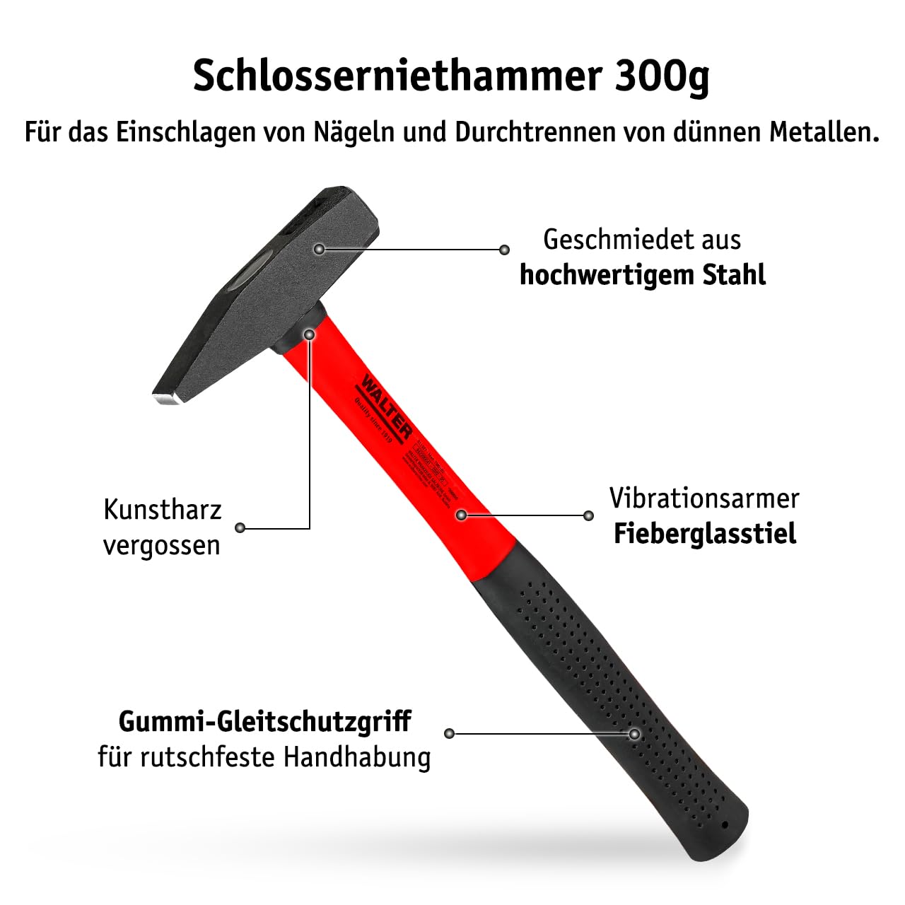 WALTER Hammerset 4tlg., Latthammer mit Magnet, Schlossniethammer, Handfäustel und Gummischonhammer mittelhart, Gleitschutzgriffe für rutschfeste Handhabung, Griff und Kopf mit Kunstharz vergossen