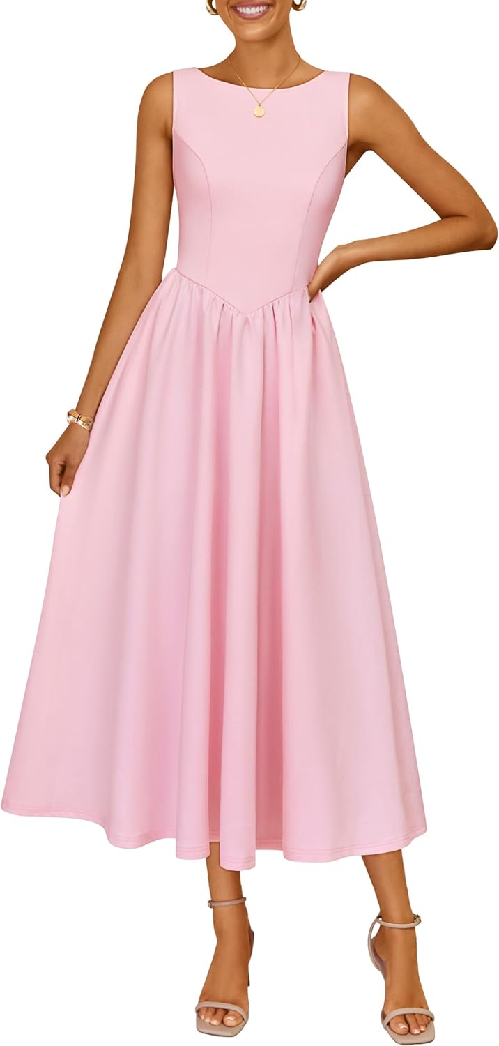 ZESICA Women's Summer Elegant Sleeveless Midi Dresses 2026 Wedding Guest Cocktail Party Crewnenck Flowy A Line Long Dress