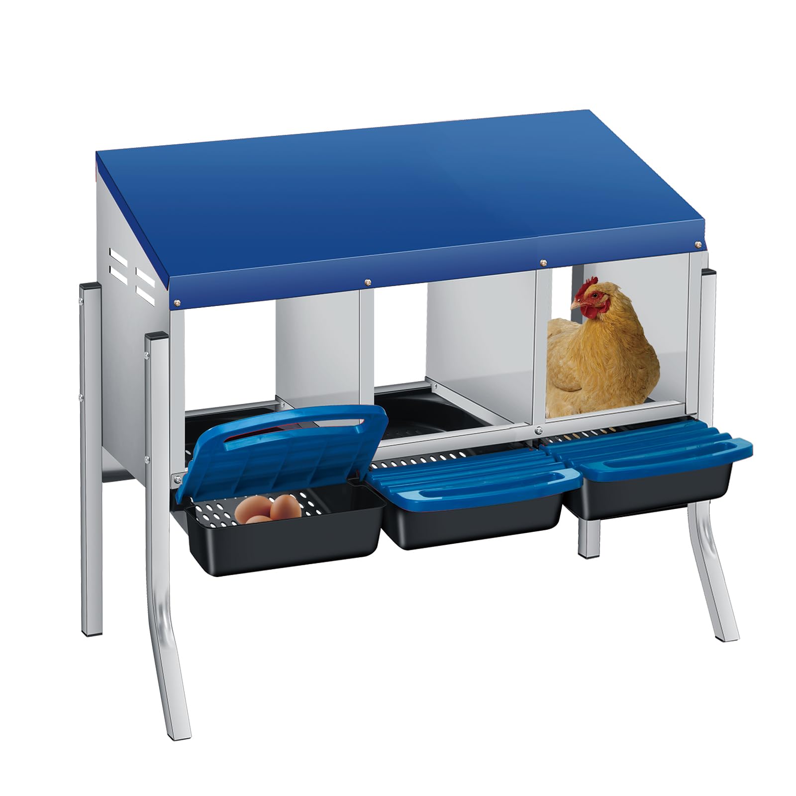 Pondoir pour poules avec pieds 3 compartiments - En métal solide - Avec compartiment à œufs - Nid de poules pour grandes poules - Bleu