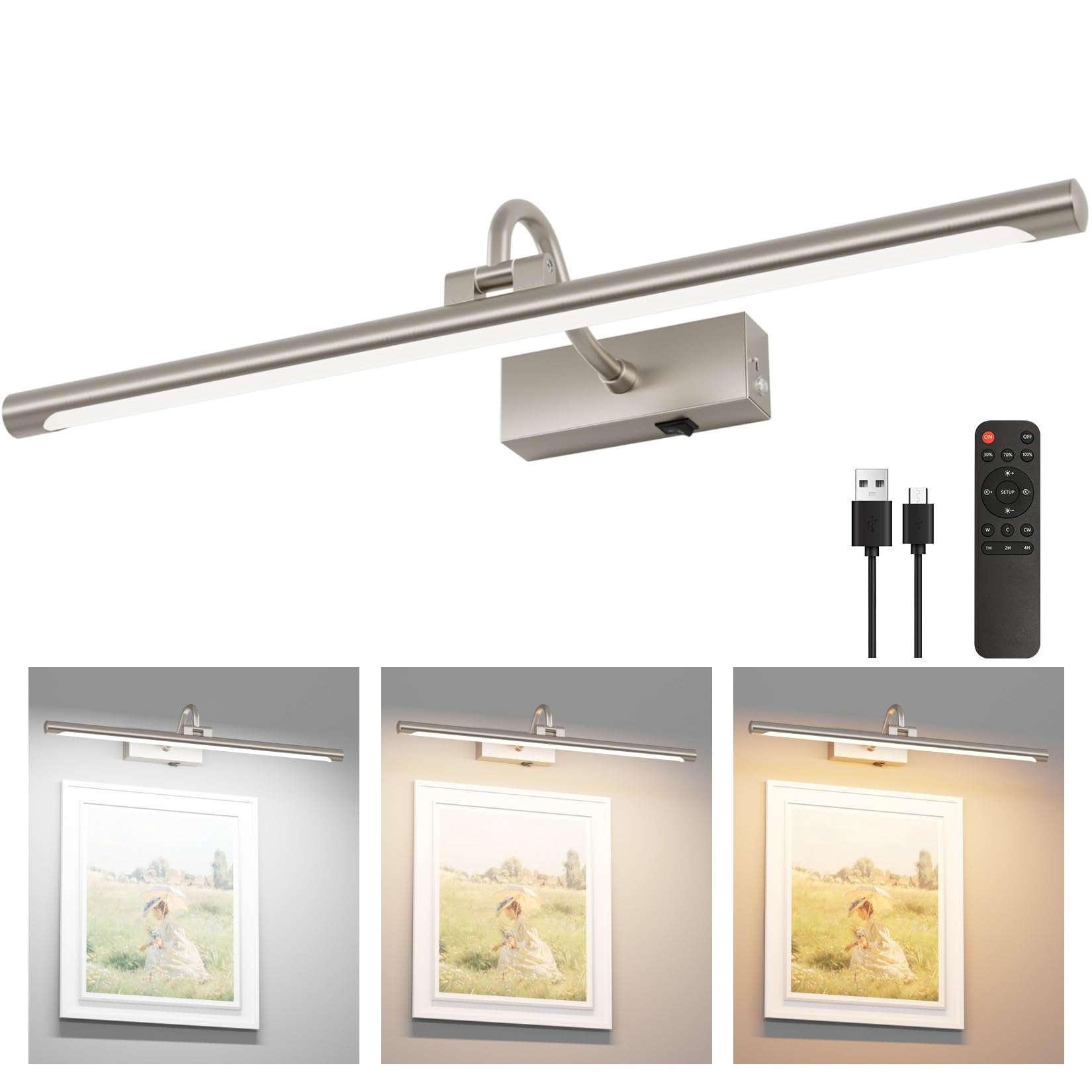 Aipsun 23.6" Brushed Nickel Picture Lights for Wall Rechargeable,12000mAh LED Battery Operated Art Light for Paintings,3CCT Dimmable, Rotatable Gallery Light for Pictures Display
