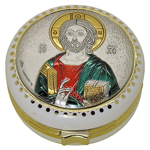 Boîte à chapelet/hostie/pillule, ronde, Jésus Christ Pantocrator, blanc, Polymer effet céramique Ø 60mm Cover
