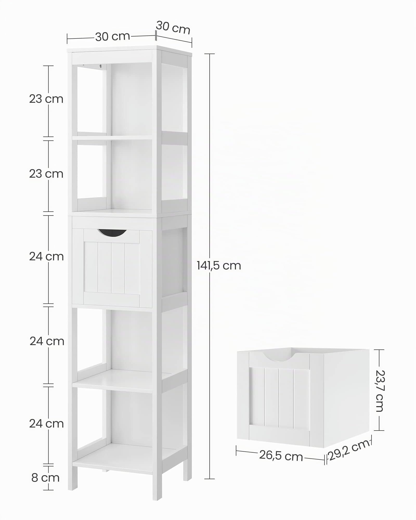 VASAGLE Mobile Alto da Bagno, Armadietto da Bagno, Mobiletto da Bagno, con 2 Cassetti e 3 Scomparti Aperti, 30 x 30 x 141,5 cm, per Bagno, Soggiorno, Cucina, Bianco BBC66WT