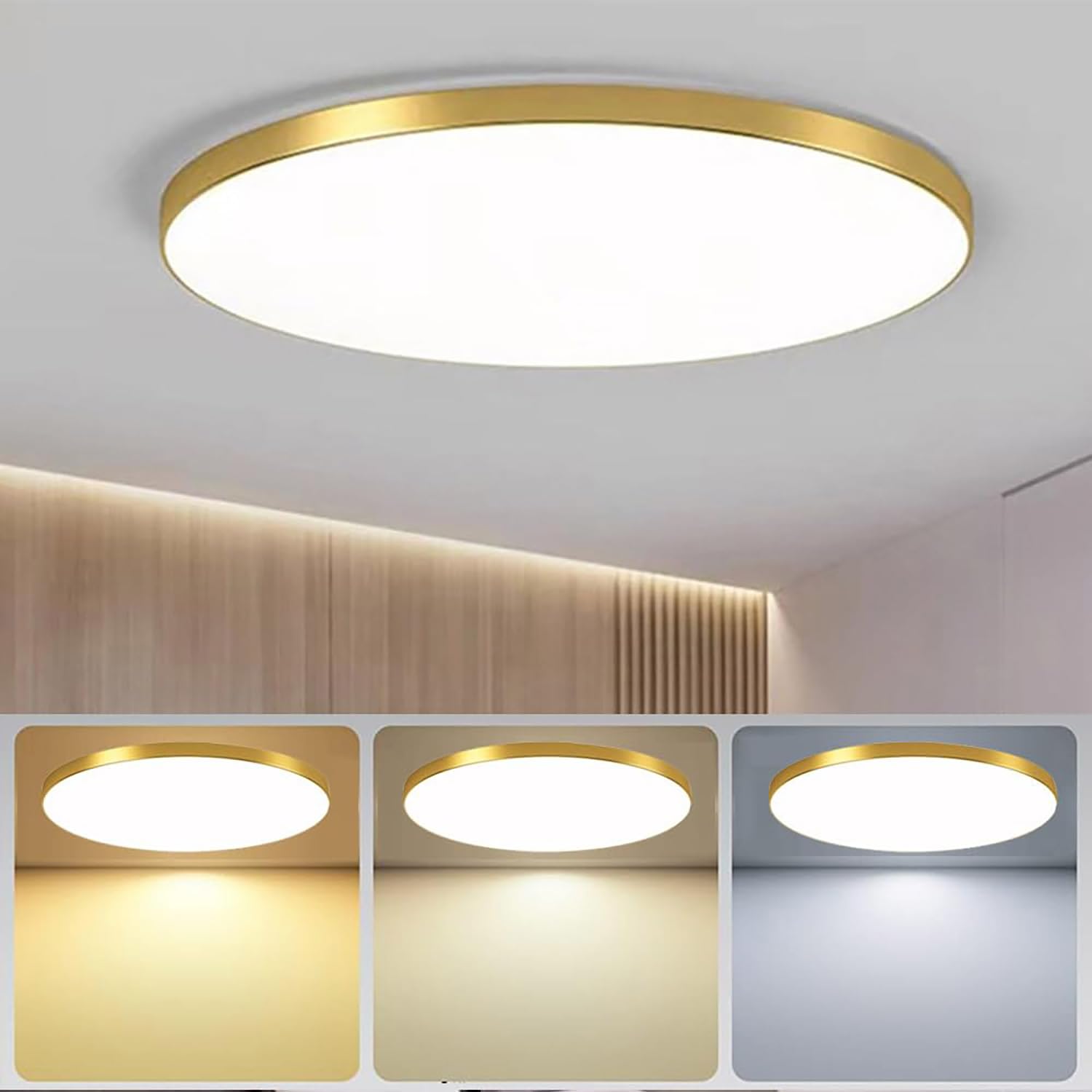XINYASEE LED Round Ceiling Light,Three Colour temperatures Simple Acrylic LED Ceiling Round Ceiling Light, for Living Room Balcony Corridor Kitchen Bedroom (Gold, 30W)