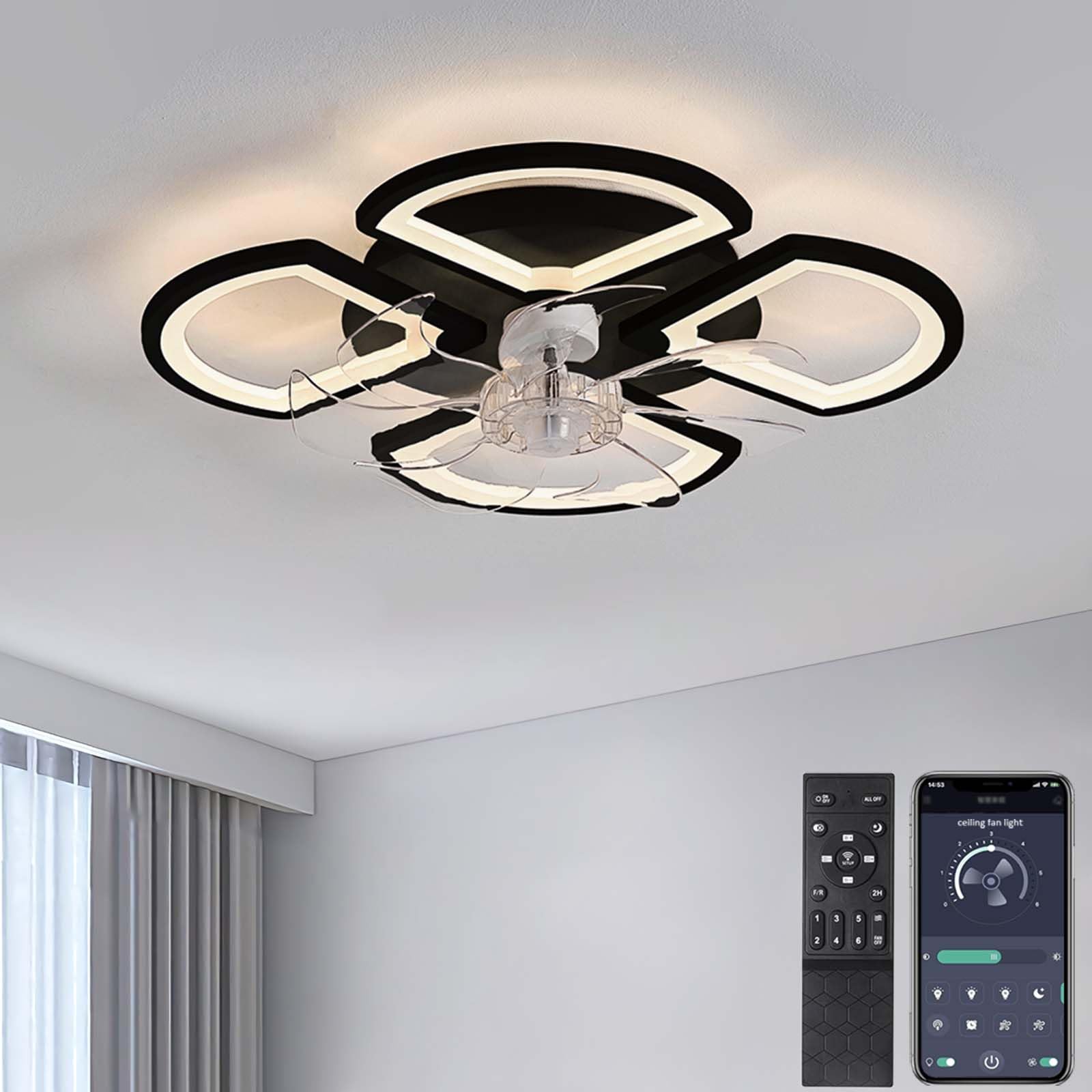 NHPJFDC Modern 50cm Black Ceiling Fan with Dimmable LED Light 6-Speed Silent Remote Control & Timer Low Profile Design for Bedroom Living Room (Black 50)