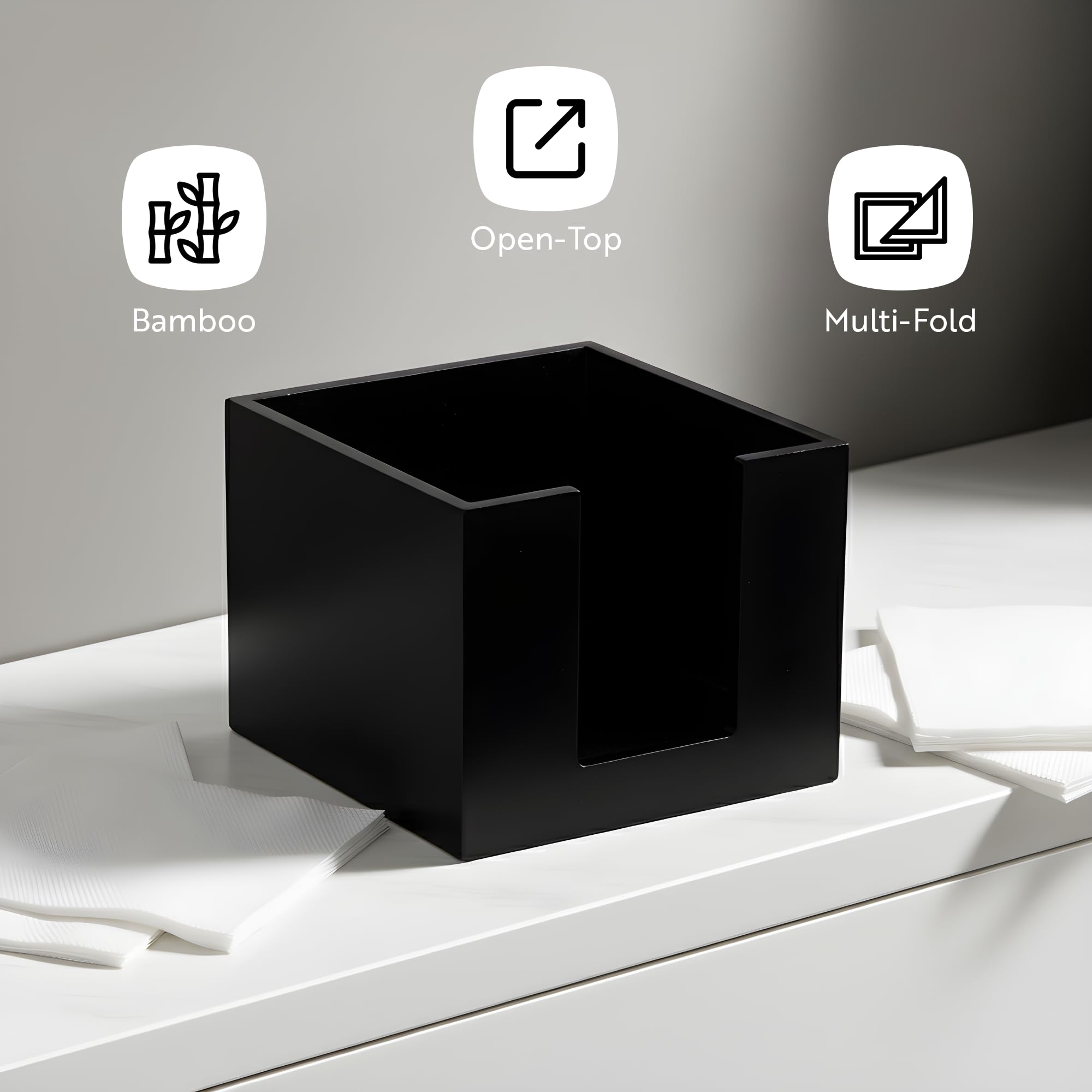 Restaurantware Servilletero de cóctel de 5.5 x 4 pulgadas, 1 servilletero cuadrado plano, para bares, mesas de cocina o encimeras, soporte resistente de bambú negro para decoración de comedor