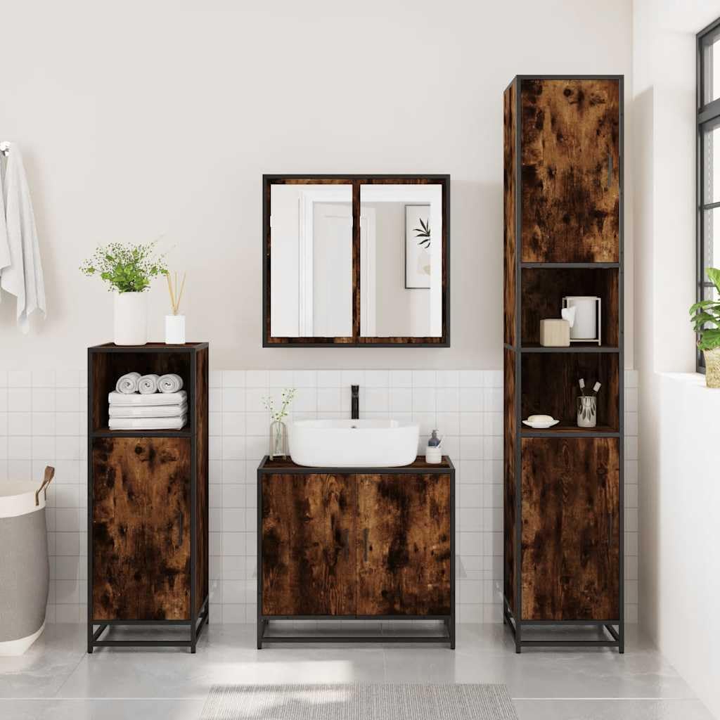 Bad-Spiegelschrank Räuchereiche Holzwerkstoff mit Metallgestell 65x20x60 cm Wandmontage Badezimmer Stauraum Schrank Spiegel für Makeup und Rasur langlebig stabil