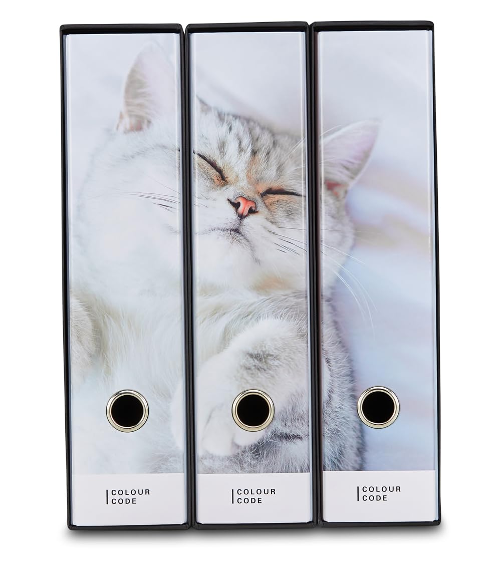 Set di 3 Raccoglitori ad Anelli, Colour Code, Bianco, Tema Gattino, Plastificati Lucidi, Ideale per fogli A4, Meccanismo a Leva