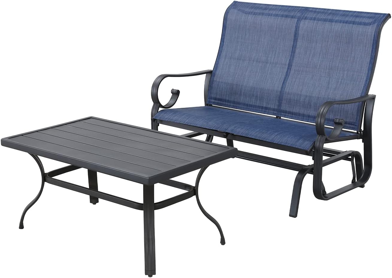 Festival Depot 2pcs Outdoor Furniture Patio Conversation Set Metal Coffee Table Loveseat Armchairs Glider with Textilene Fabric Without Pillows for Lawn Beach Backyard Pool, Blue