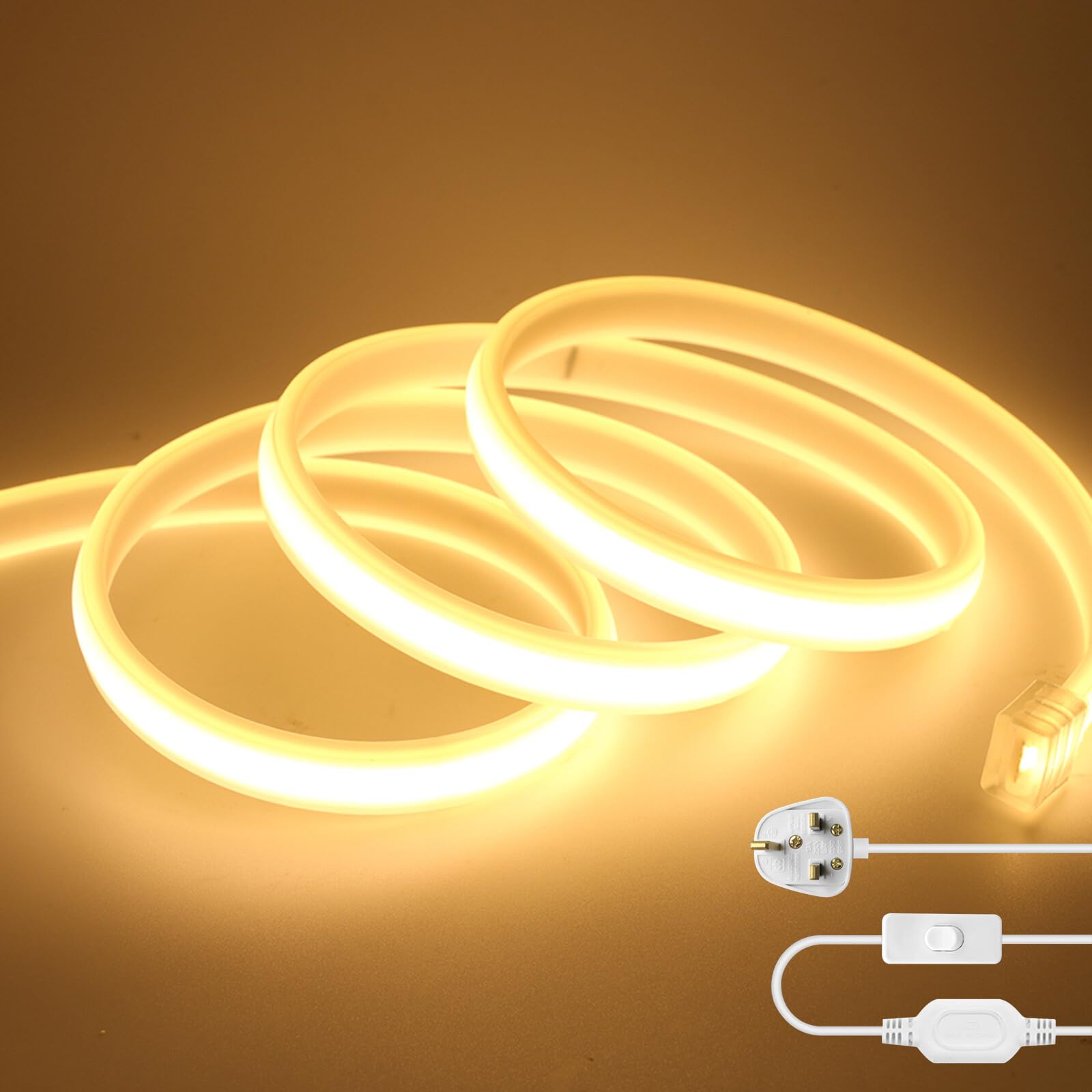 KAFULA 220V COB LED Strip with On/Off [10m, Warm White 6000-6500K], IP65 Waterproof Flexible, 288 LEDs/M Cuttable FCOB LED Neon Strip CRI85+, Home/Store Lighting Decoration — image 1