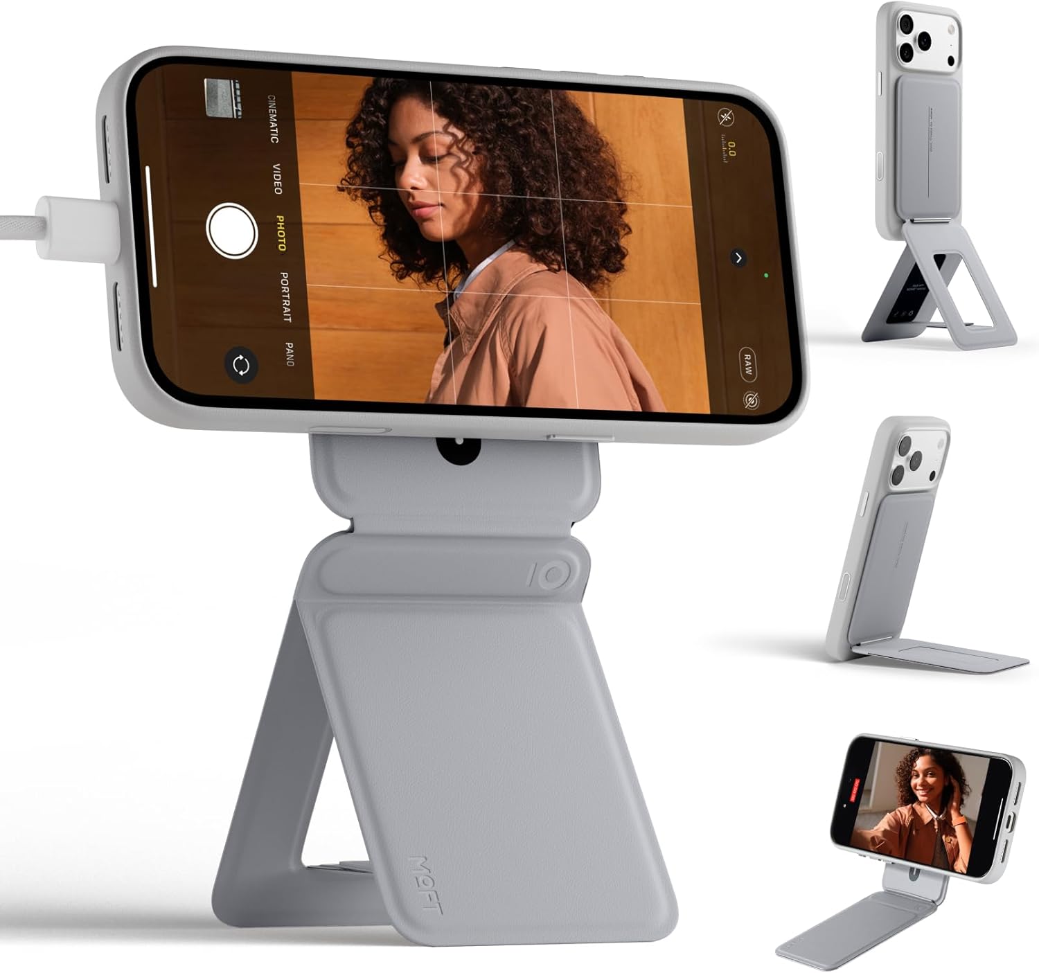 MOFT Phone Stand, Magnetic Phone Tripod Stand Stain-Resistant MOVAS Leather & Angle Adjustment & Strong Magnets Tripod for iPhone 17/16/15/14/13/12 (Included Metal Ring)-Cement
