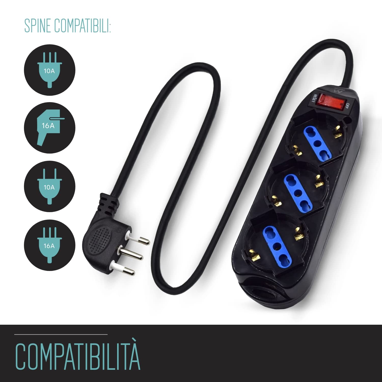 Multipresa a 3 Posti, Ciabatta Elettrica con 3 Prese Italiane 10/16A e Schuko/Tedesche - Spina Italiana 10A - Potenza 250V/2500W - Cavo da 1,5 Metri, Prese Angolate a 45°