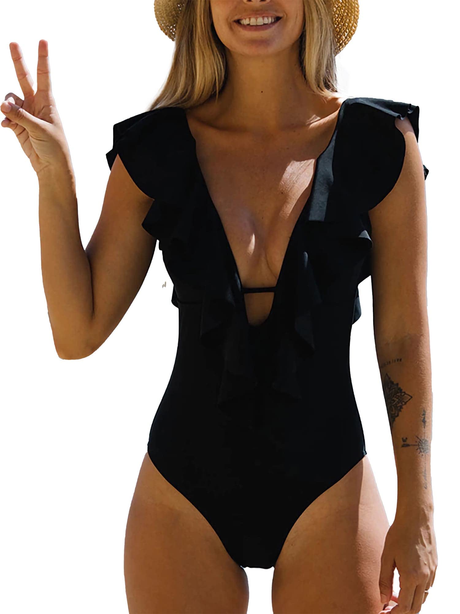 Daikiri Bikinis DAIKIRI Bañador Mujer 2023 Negro, Traje de Baño Una Pieza Color Solido, Bañadores Una Pieza Volantes Clásico, Traje de Baño Entero Diseño Última Moda con Relleno y Amarras