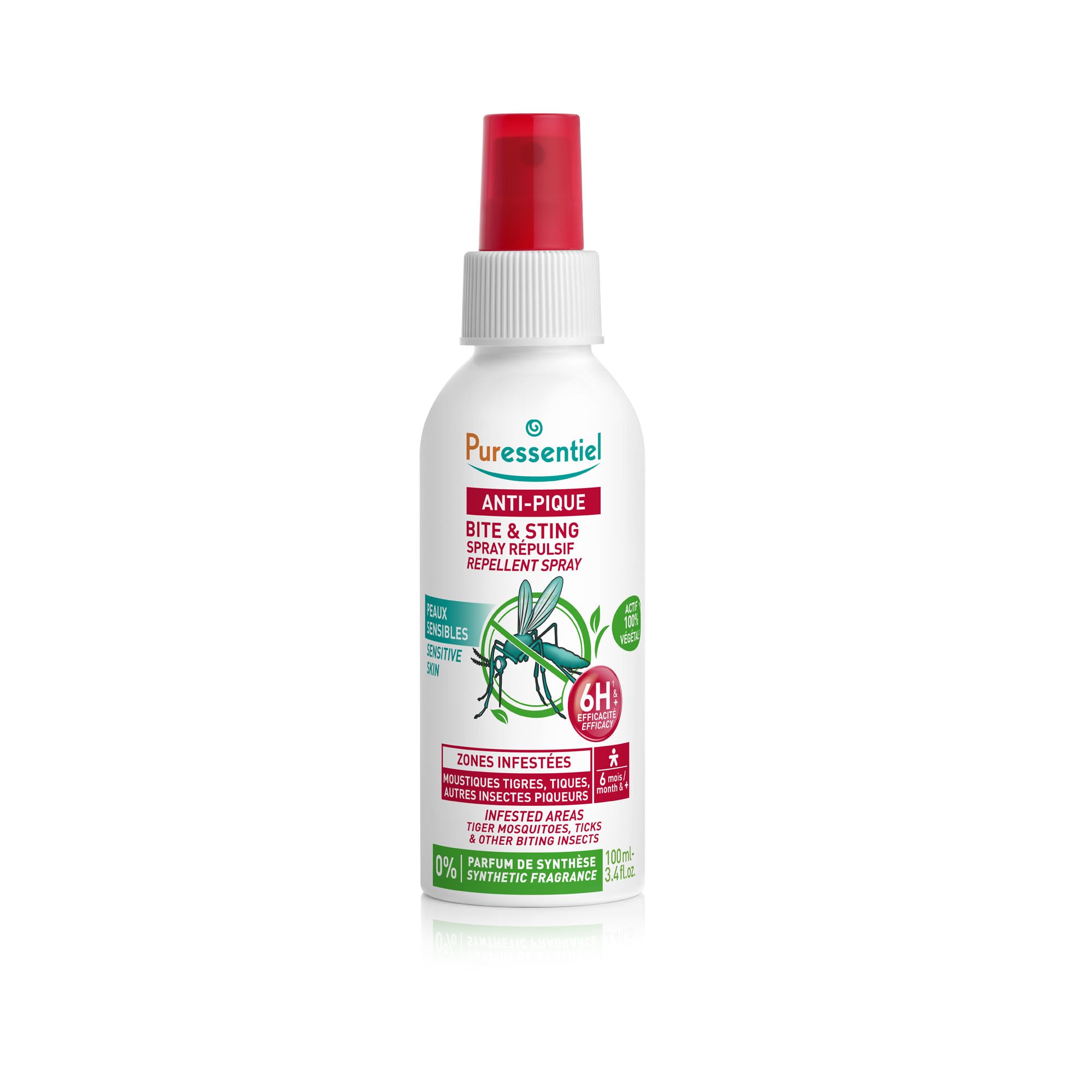 Puressentiel – Anti–Pique – Spray Répulsif Anti–Pique Peaux Sensibles – Protection moustiques tigres, tiques et autres insectes – Protection jusqu'à 6 heures – A partir de 6 mois – 100 ml