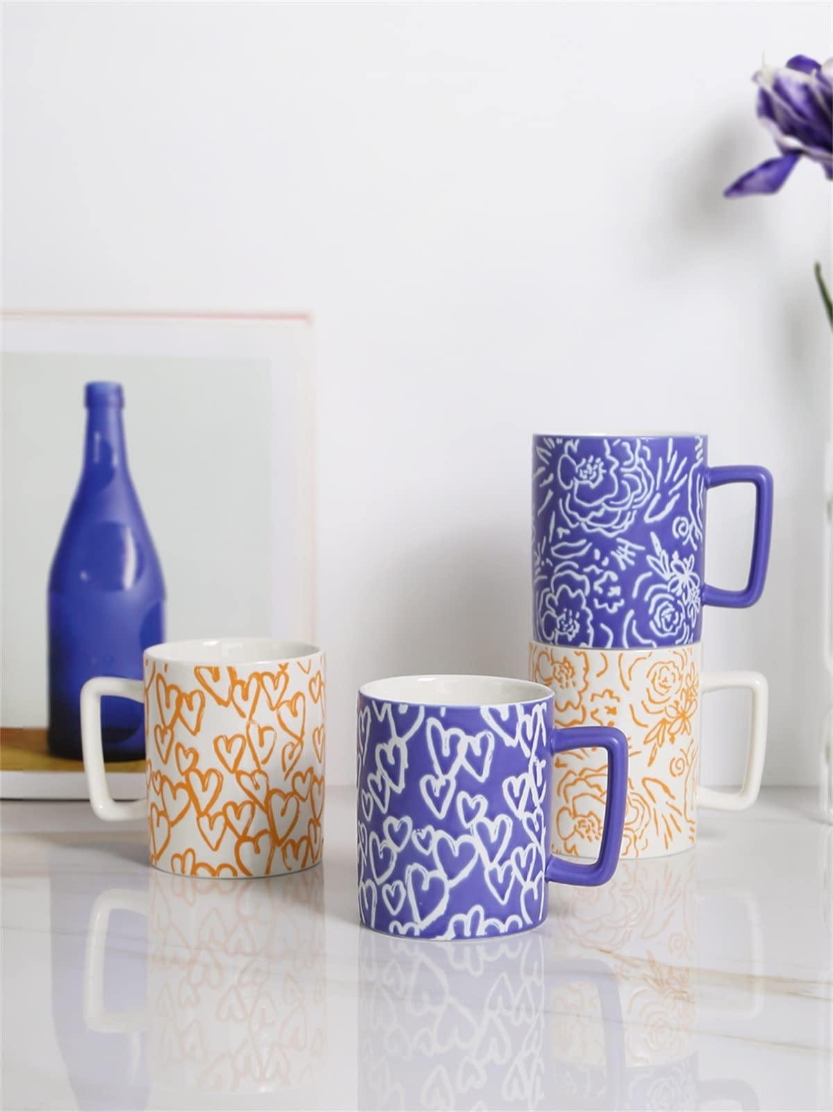 Duży kubek herbaty do biura i domu, ceramiczny kubek biurowy do kawy Kubek do picia w domu Dziewczyny, wzór kwiatowy/serce - fioletowy/pomarańczowy (Color : Orange-B)