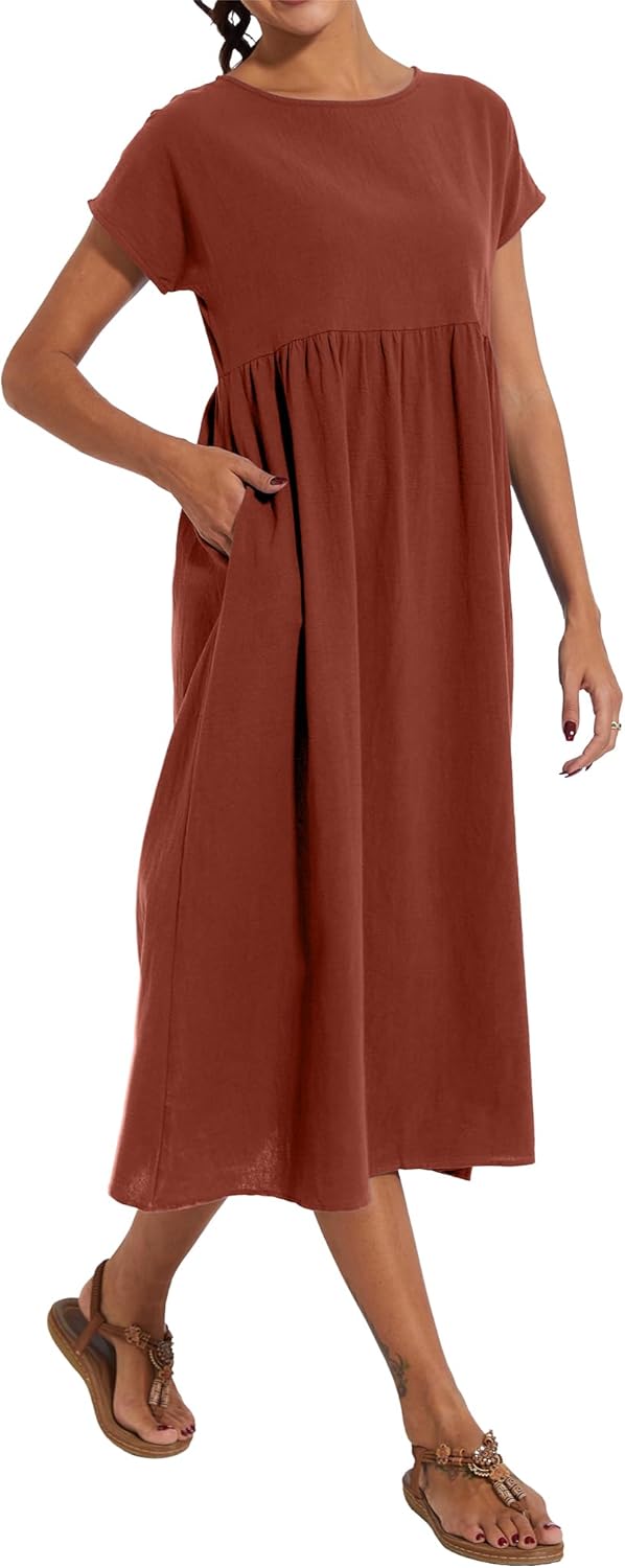 Dresses for Women 2024 Casual Summer Cotton Dress with Pockets Short Sleeve Shirt Midi Long Dress - Image 2