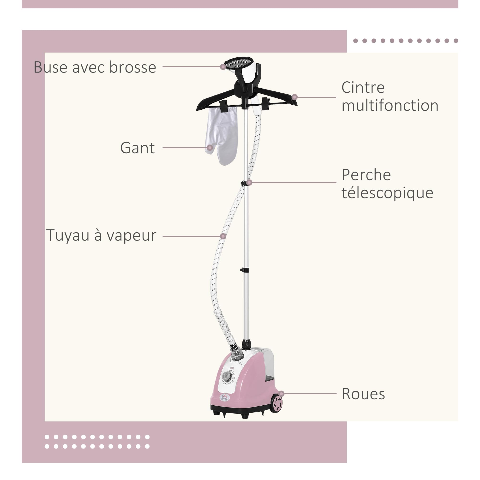 HOMCOM Défroisseur vapeur vertical défroisseur à vêtements 1,4 L 1950 W débit vapeur 32g/min tige telescopique rose noir