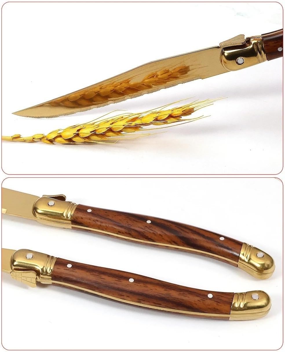 Steak Knife Set, 6 Pcs Gold Stainless Steel Steak Knife Dinner Kitchen Tools Titanium Plating Tableware Set