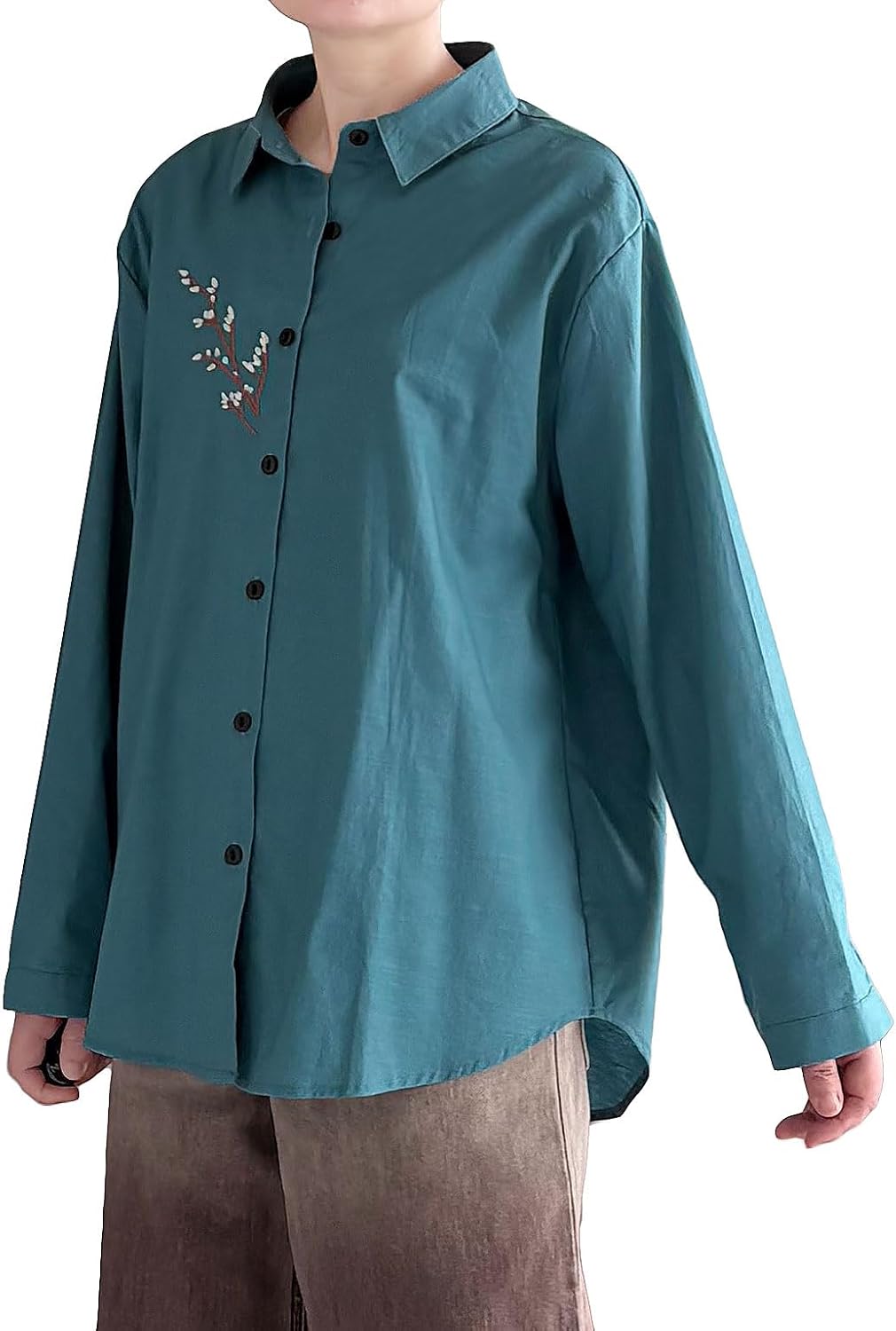 Minibee Women's Button Down Shirts Cotton Linen Long Sleeve Collared Casual Blouses Embroidered Tunic Tops