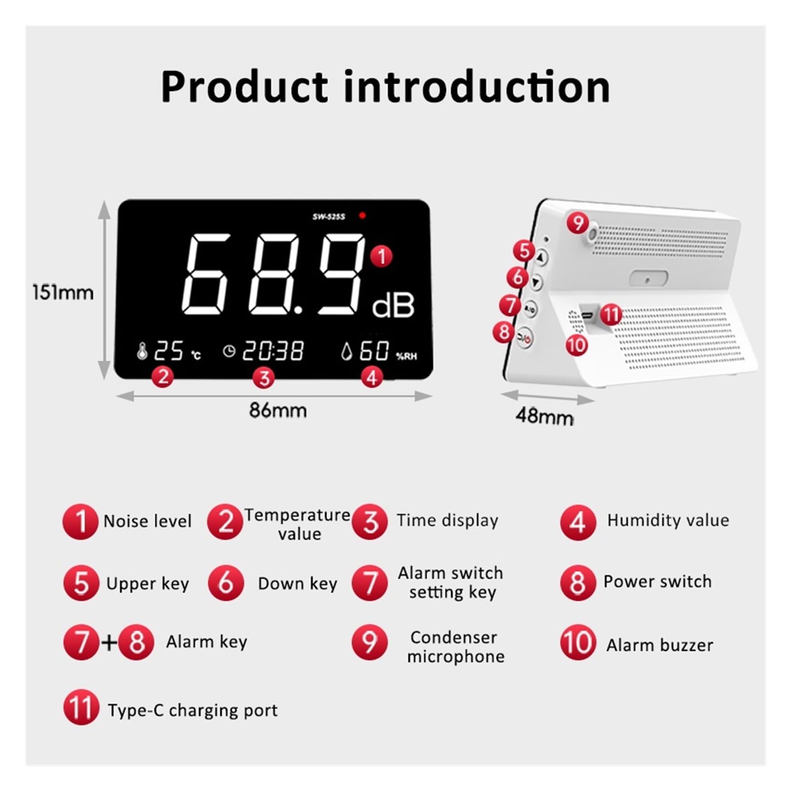 Medidor De Ruido Decibelios 4 En 1, Nivel Sonido 30 DB A 130, Monitor Audio, Temperatura Y Humedad Con Visualización Tiempo PrecisióN Extremadamente Alta