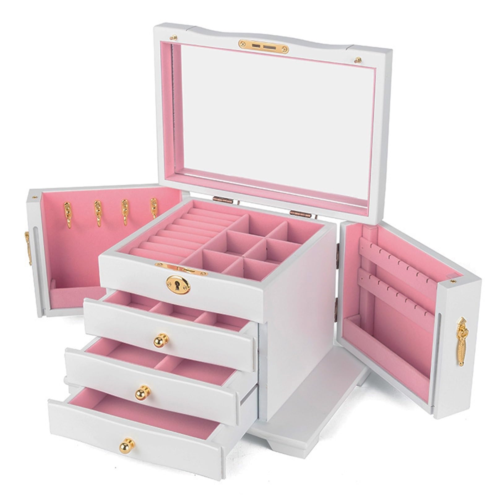 HONKERW jewellery box Wooden Jewelry Box for Women, Solid Wood Organizer with Lock for Jewelries Necklaces Rings with Mirror travel(Color4)