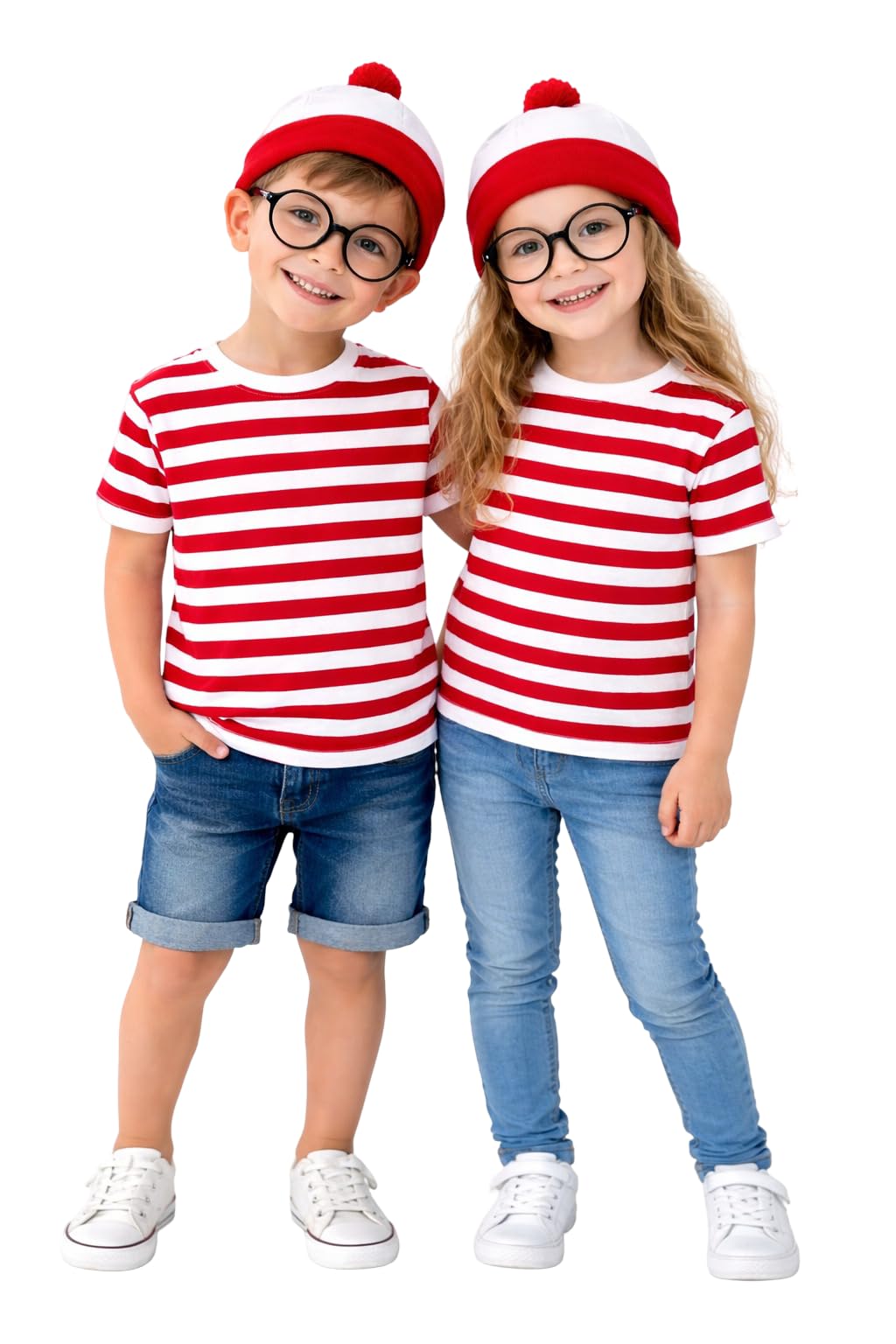 Golomak® Boys Girls Red and White Round Neck T-Shirt Hat Glasses Set - Kids Book Week Fancy Dress Costume Outfit (11-12 Years)